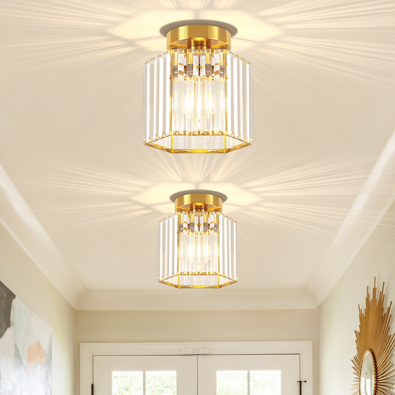 ZSMIHDOH 7.56-in Gold Indoor 2 -Light Semi-flush Mount Light with Clear Glass Crystal Shade