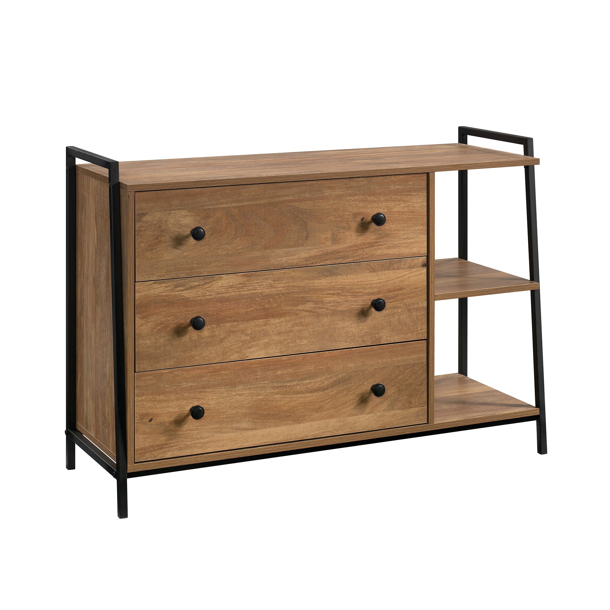 Huluwat - XJ Brown Three Drawer Dresser with Open Shelves and Metal Frame Industrial Style Storag...