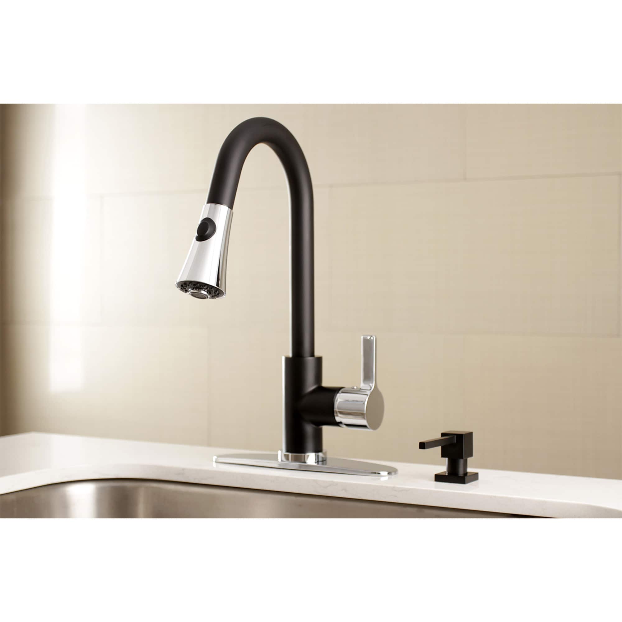 Kingston Brass ULS8727CTL Continental Matte black/Polished chrome Single Handle Deck-mount Pull-down Kitchen Faucet with Sprayer ( Deck Plate Included )