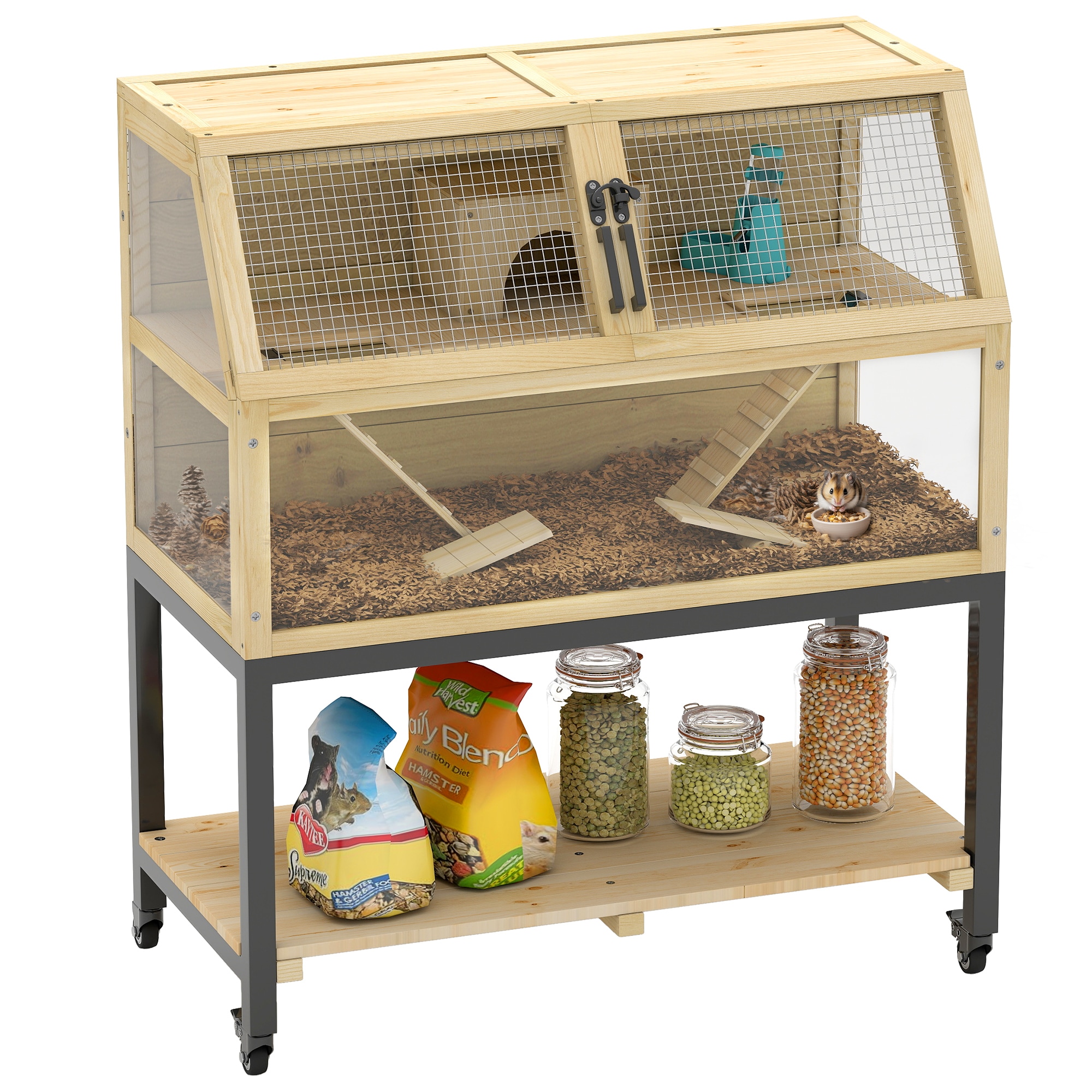 PawHut D51-443V00ND Hamster Cage with Storage Shelf Wooden Rat Cage on Wheel Small Aniaml Cage with Seesaws Water Bottle Hut  Ramps for Dwarf Gerbil Syrian Hamster Mouse 34inchL x 17inchW x 40inchH