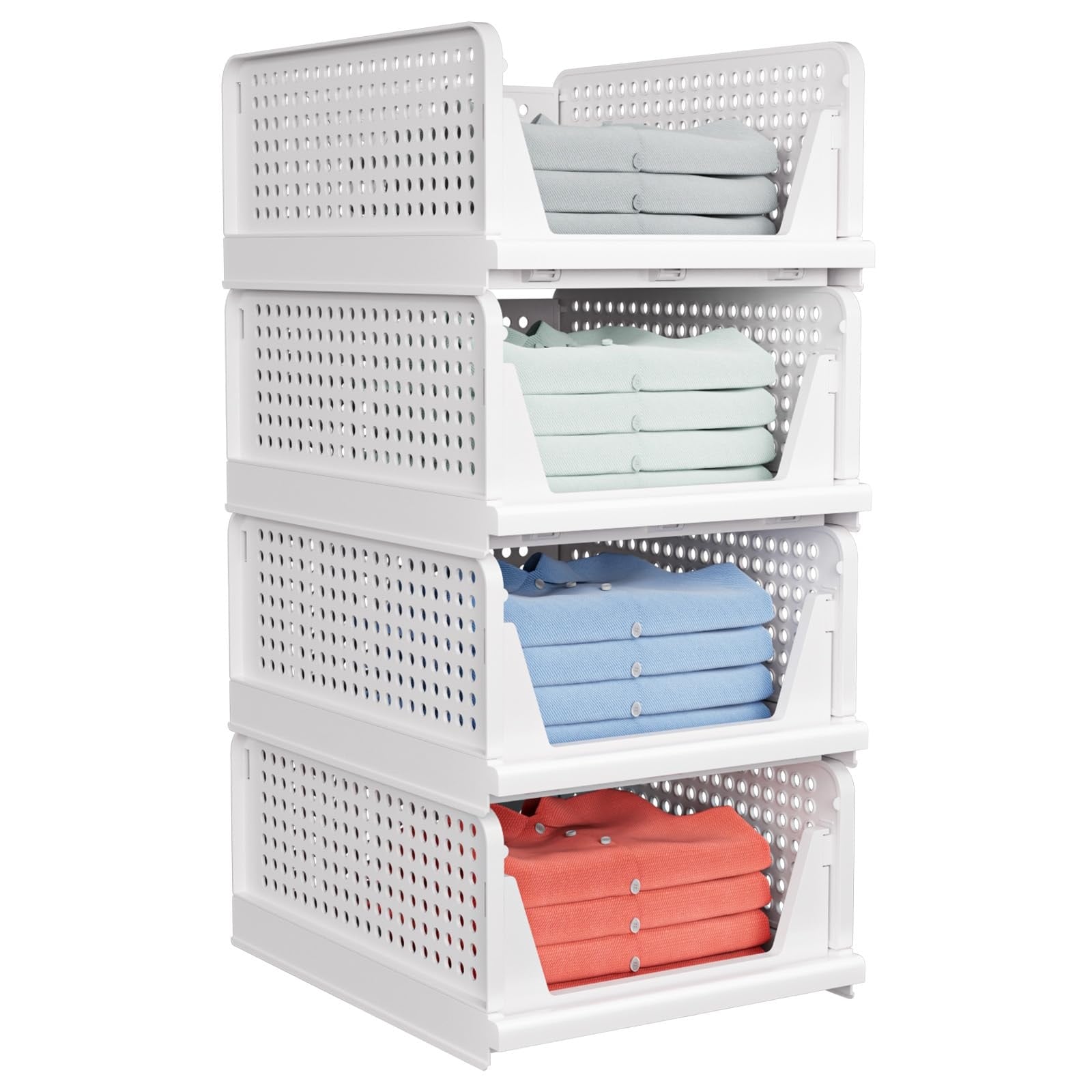 Etokfoks  4 Pack White PP Closet Drawer Organizer Stackable Storage Bin with Slide Rails for Clothes Shoes Toys Books