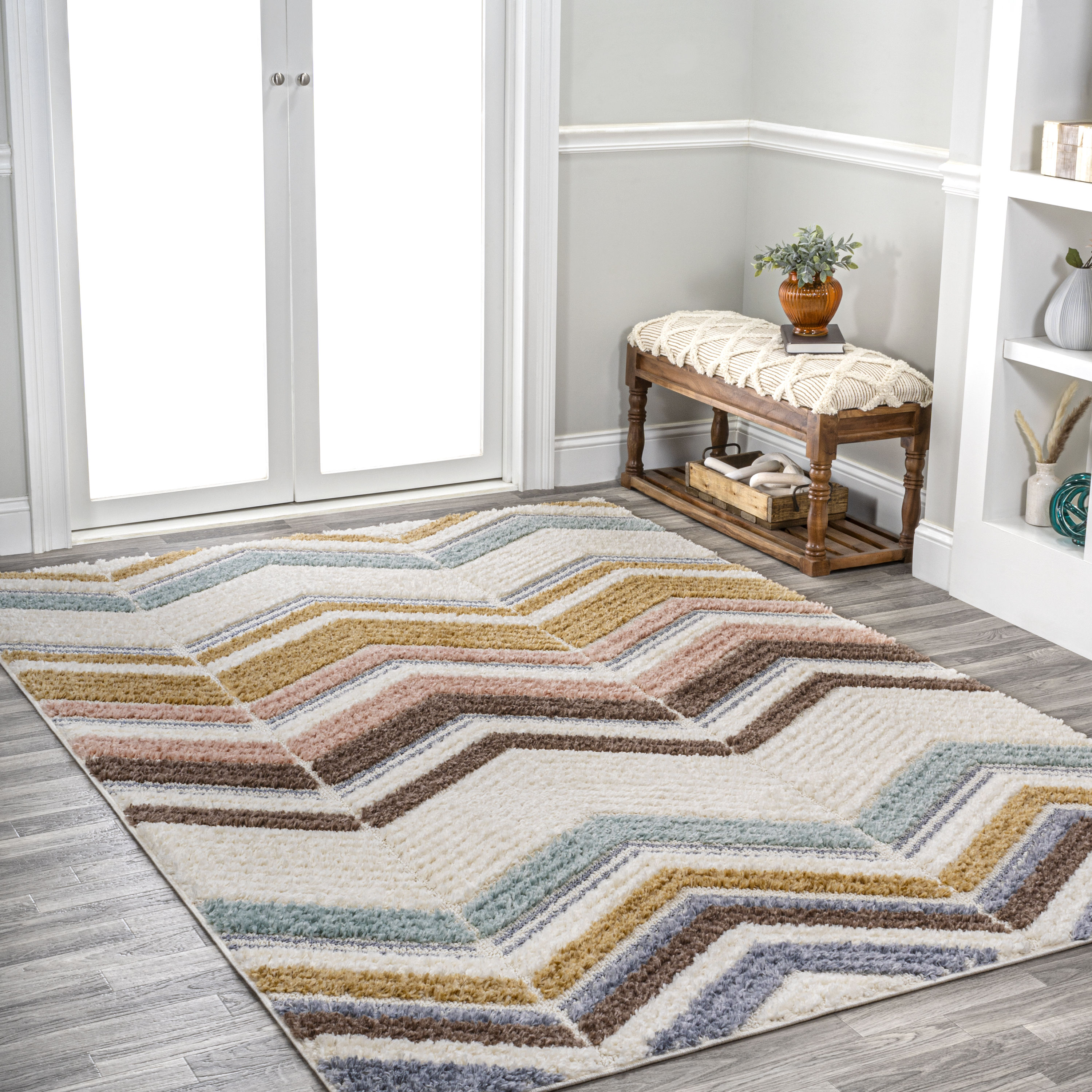 Mid-Century Ivory Chevron Reversible Synthetic Area Rug