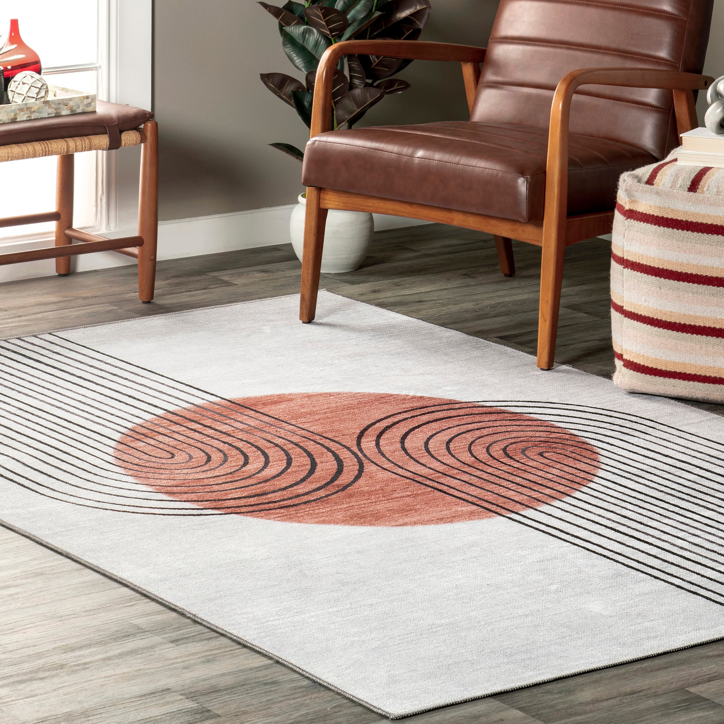Burnt Orange and Dusty White Abstract 6' x 9' Synthetic Area Rug