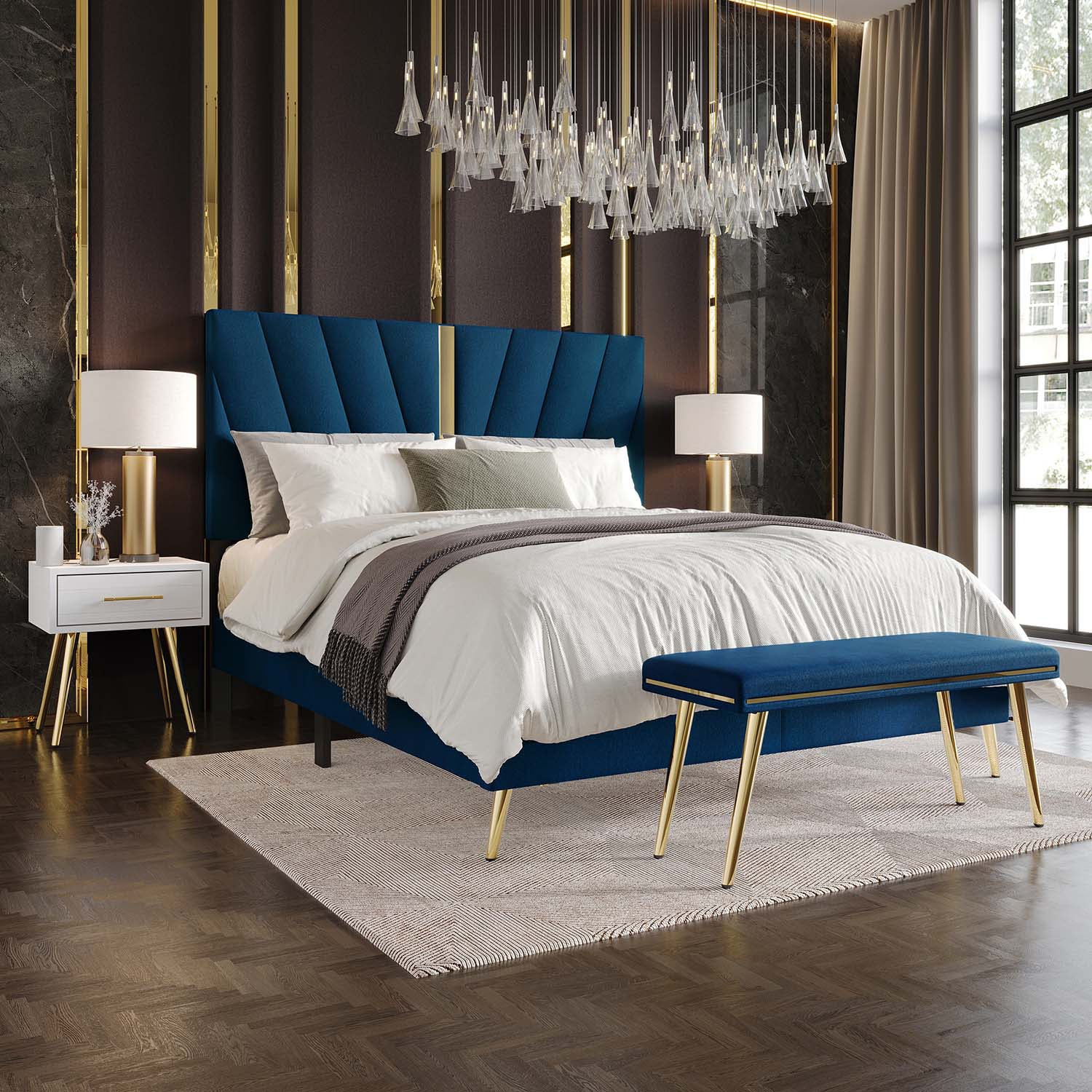 CasePiece C8508FUB-NBL-VV-4X Navy Blue Full Wood Upholstered Bed