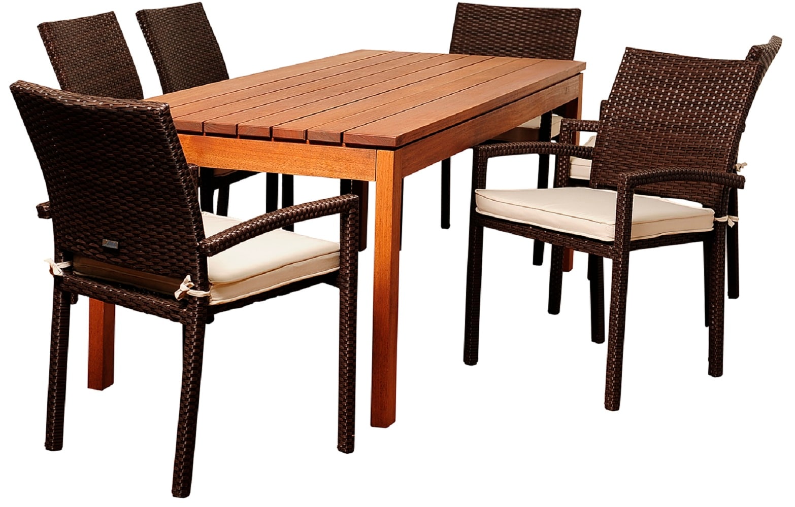 Envelor EN-IH-MAY7PC Maynard 7 -Piece Brown Wicker Patio Dining Set Wood Rectangle Table with 6 Off-white Cushions Stationary Chairs