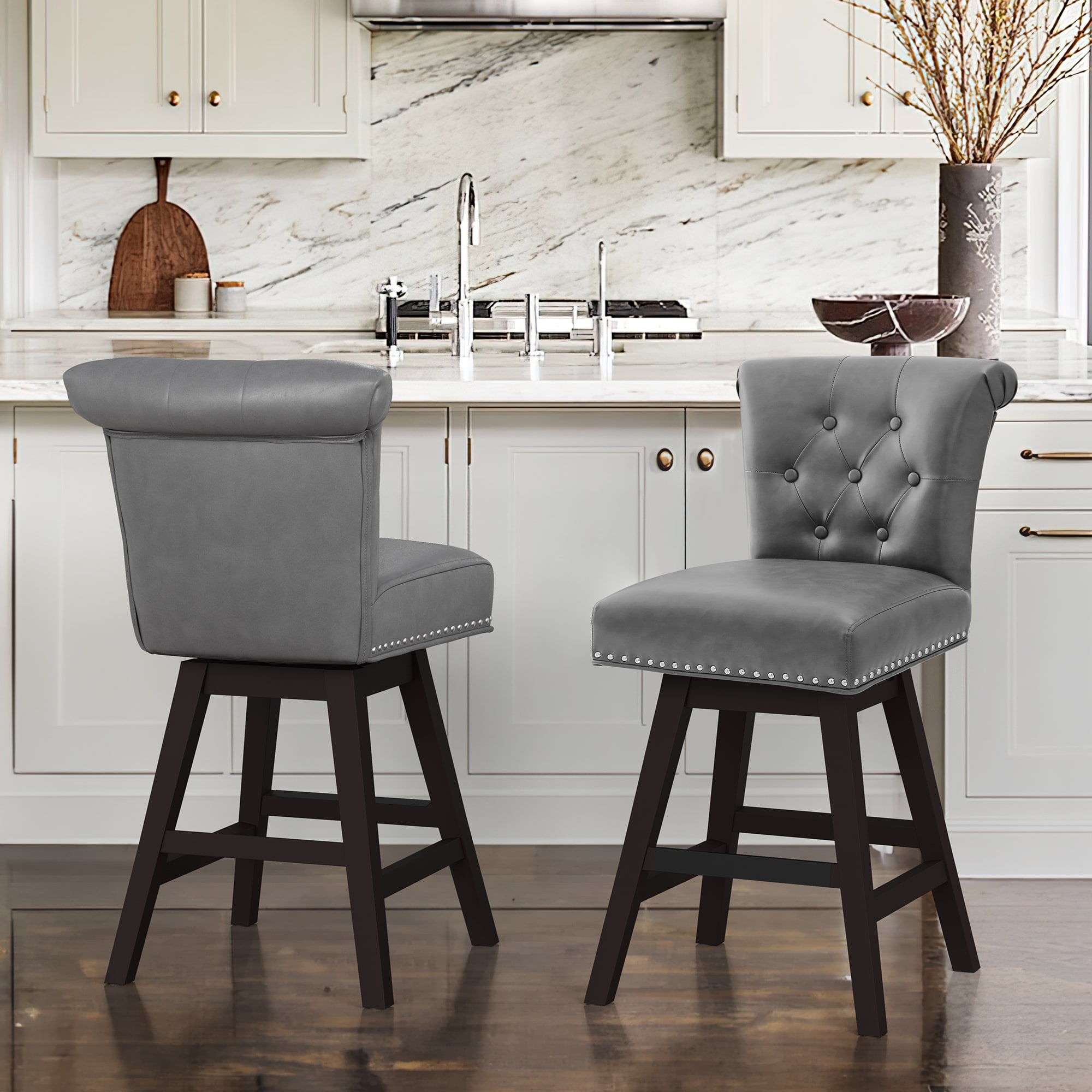 LUE BONA YB-015-02LS Set of 2 Gray/Faux Leather 25.8-in H Counter height (24-in to 27-in) Square Seat Upholstered Swivel Wood Back Bar Stool Back