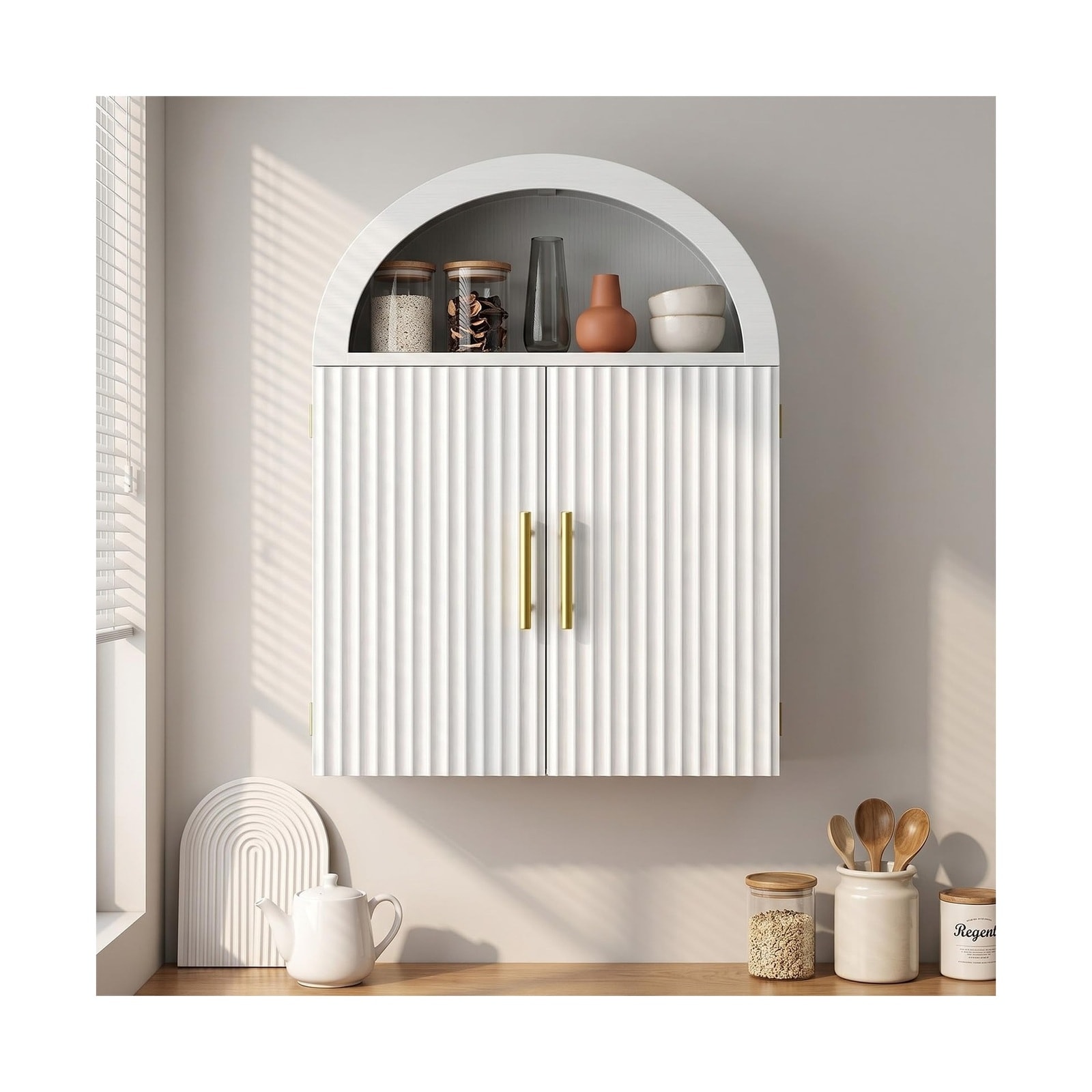 Ahfiwaso  Large Arched Wall Cabinet Wood Bathroom Cabinet Wall Mounted Cupboard Modern Floating Storage Cabinet with Acrylic Door Adjustable Shelf