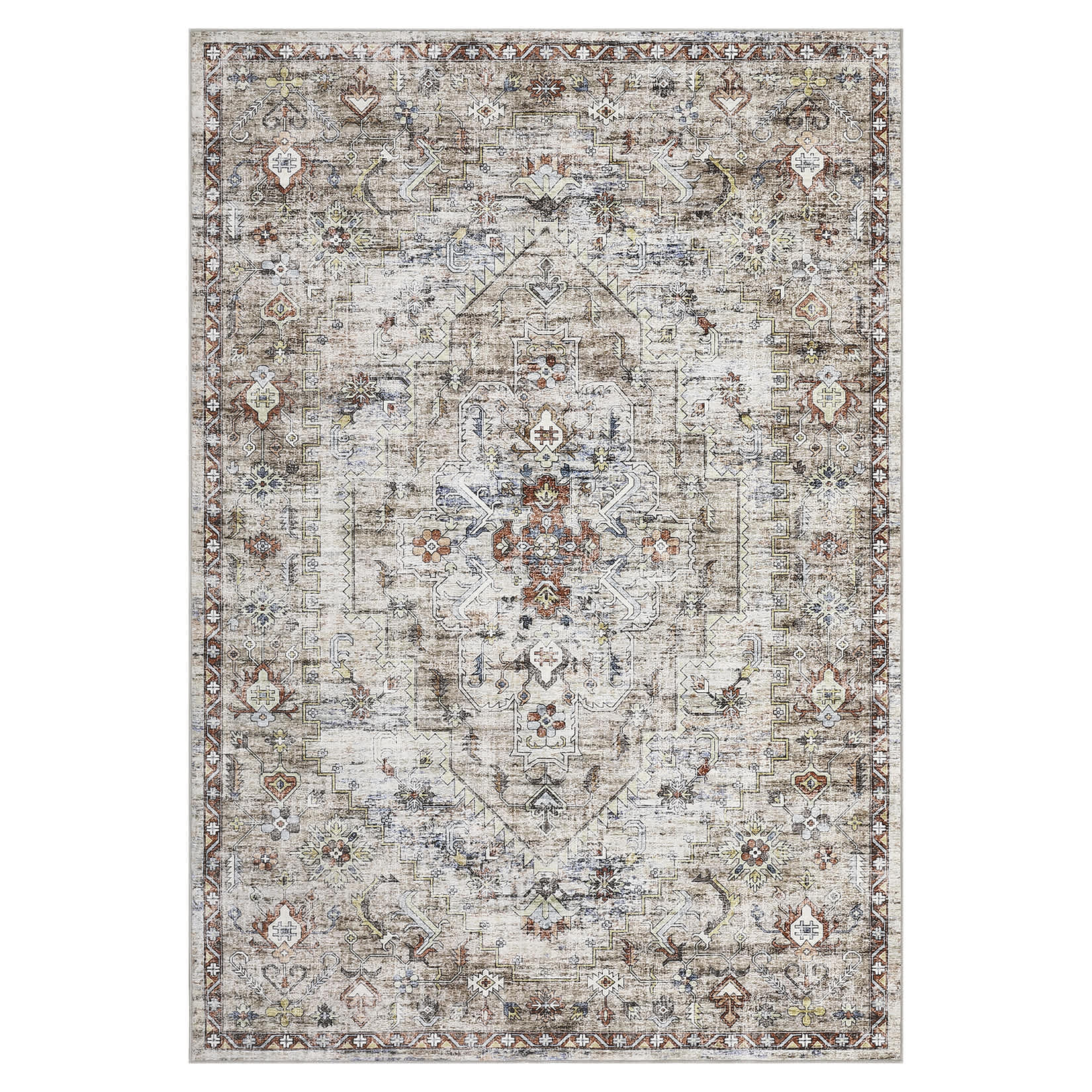 Qeetex LSN-PHO-16LHJBCW 5 x 7 ft Polyester Cashmere Imitation Brown Rectangular Hallway Bathroom Entryway Kitchen Office Foldable Flower Printed Persian Washable Area Rug