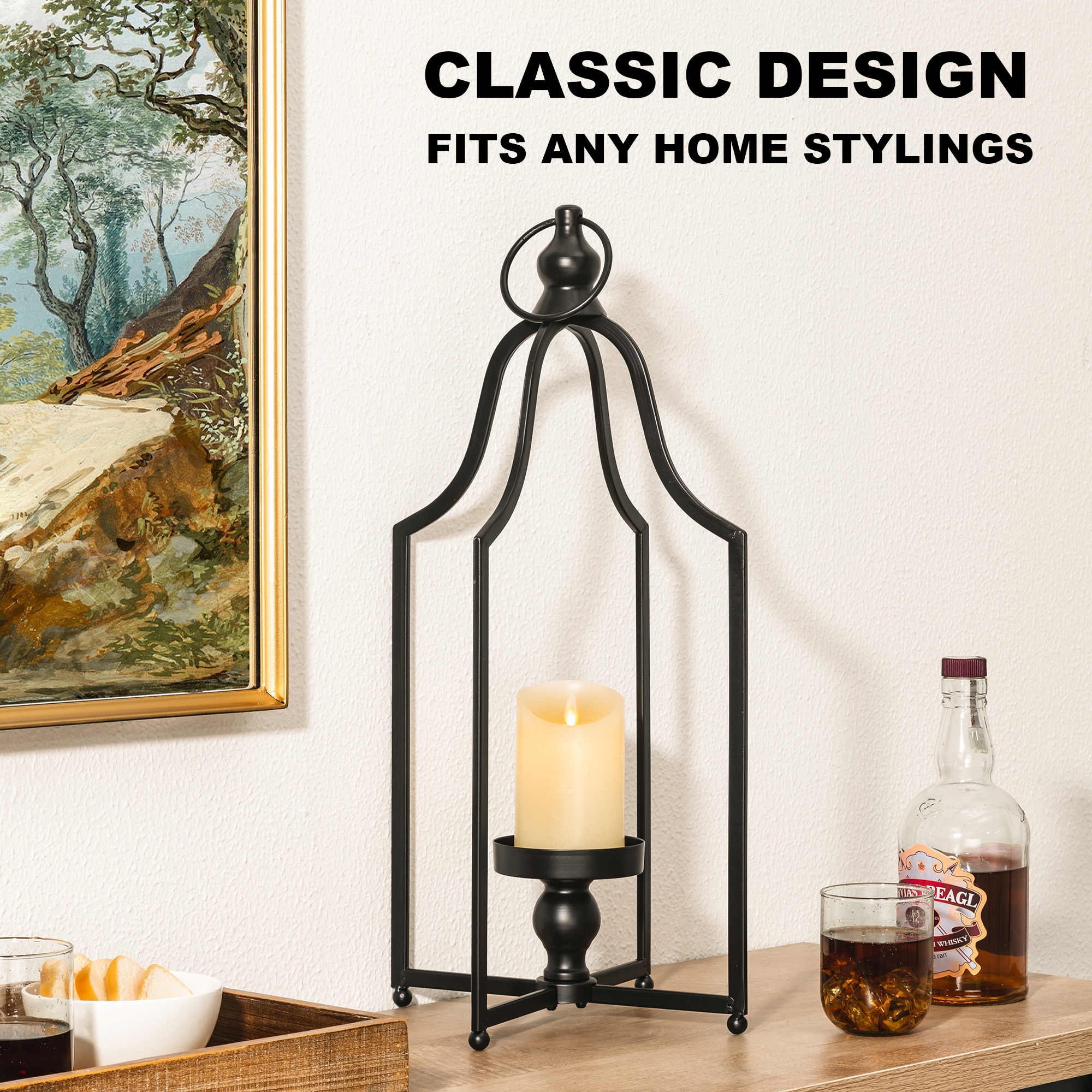 Traditional Winter Charm Black Metal Tabletop Candle Lantern