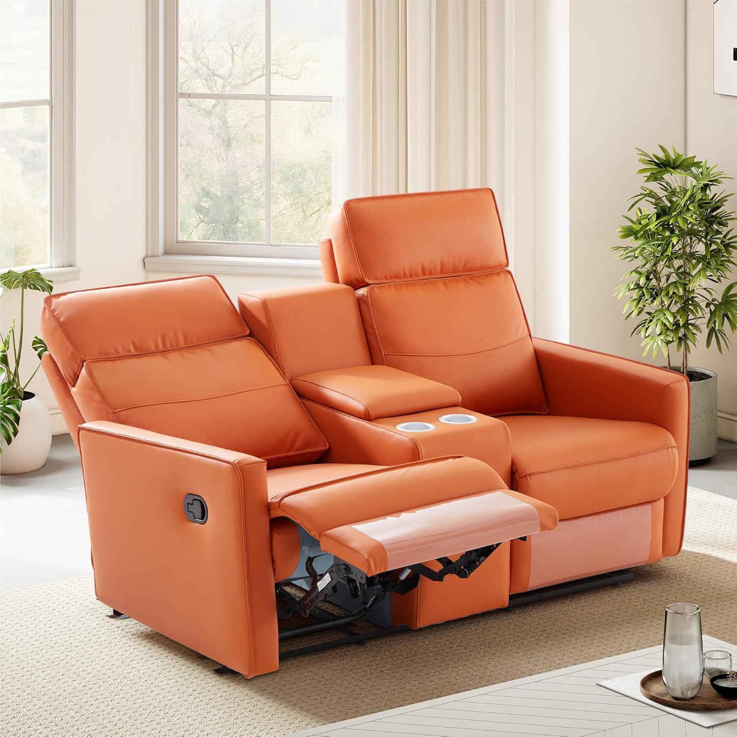 Likimio PK89VXYS62ECR4BZ 62.6-in W Orange Loveseat Recliner Sofa with Console and Cup Holders