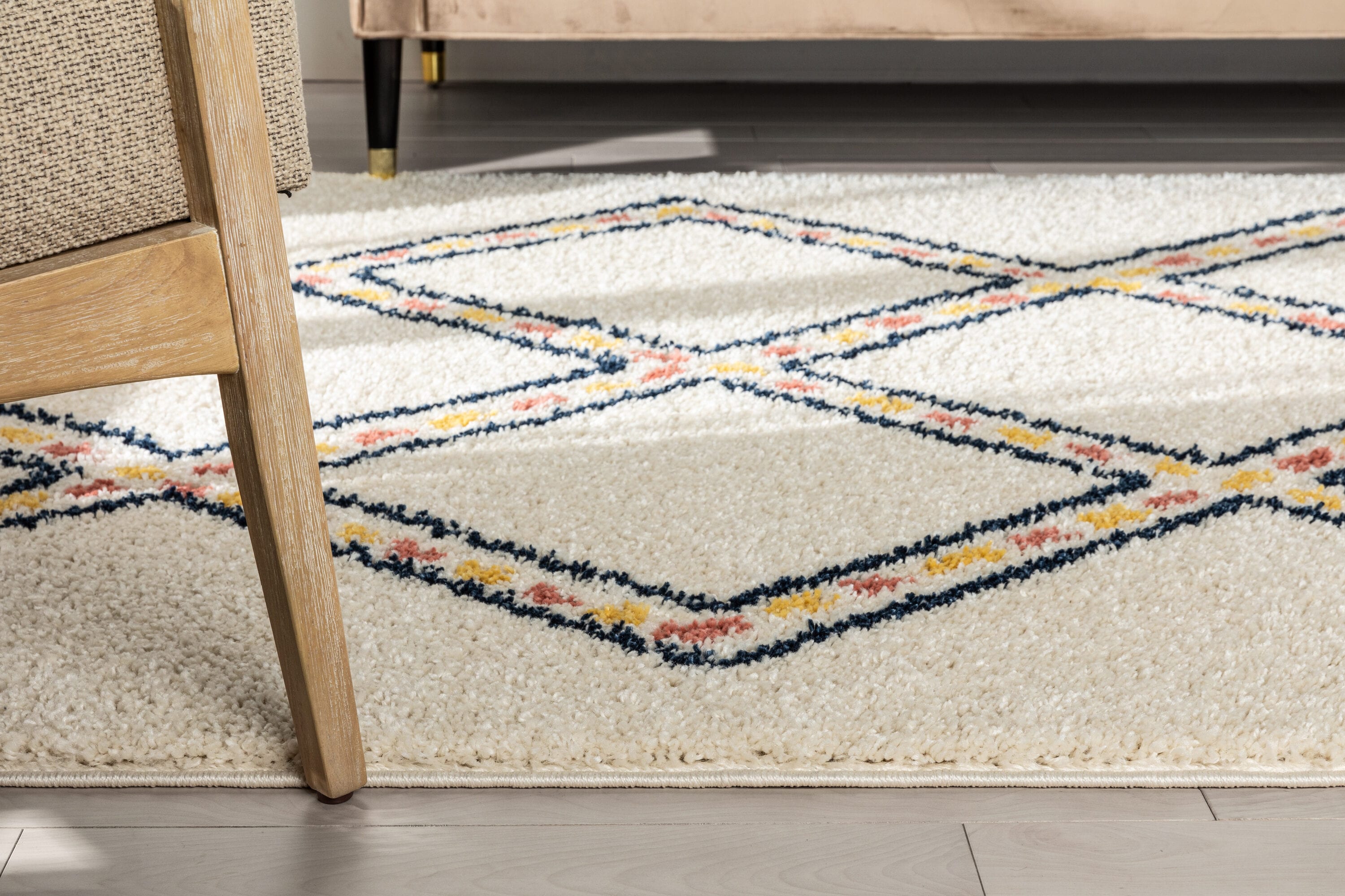 Ivory Geometric Shag Kids Rug, Easy Care Synthetic 8' x 10'