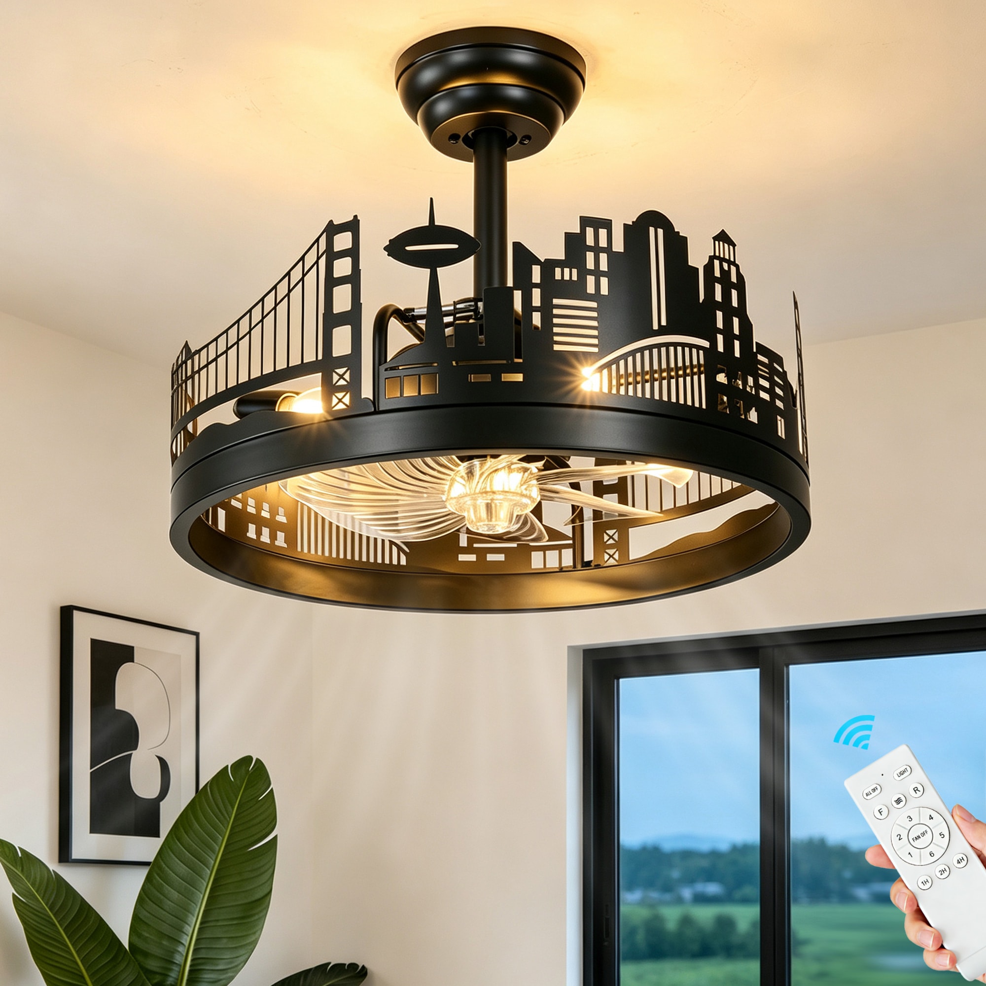 POWLIG Black Metal Frame Fan Light 17.72-in Black Bridge Downrod or Flush Mount Cage Ceiling Fan Light Kit Compatible and Remote Control Included