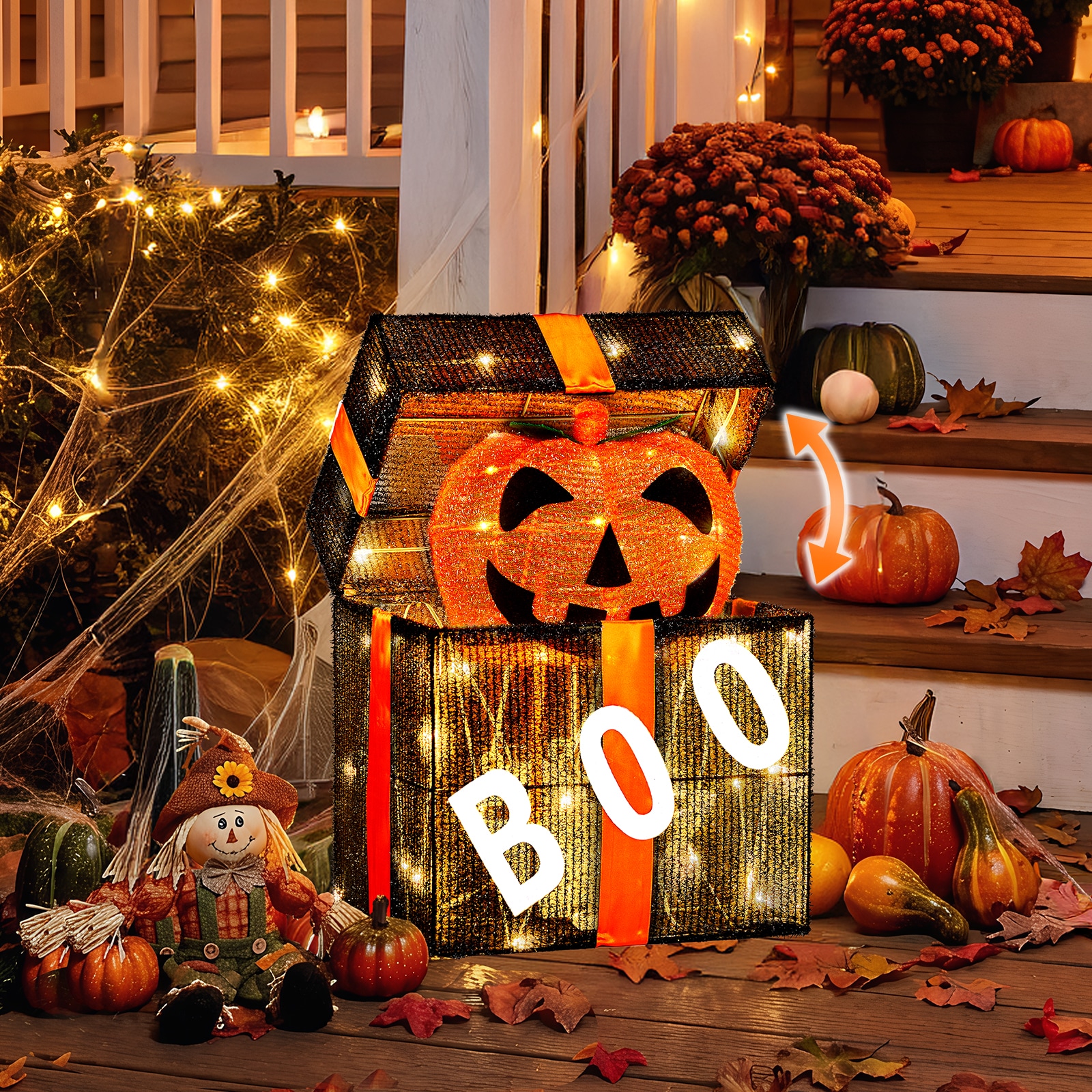 VINGLI 12-in Cute Animated Pumpkin Decorations Gift Box with Pre-lit 60 LEDs Halloween Decorations