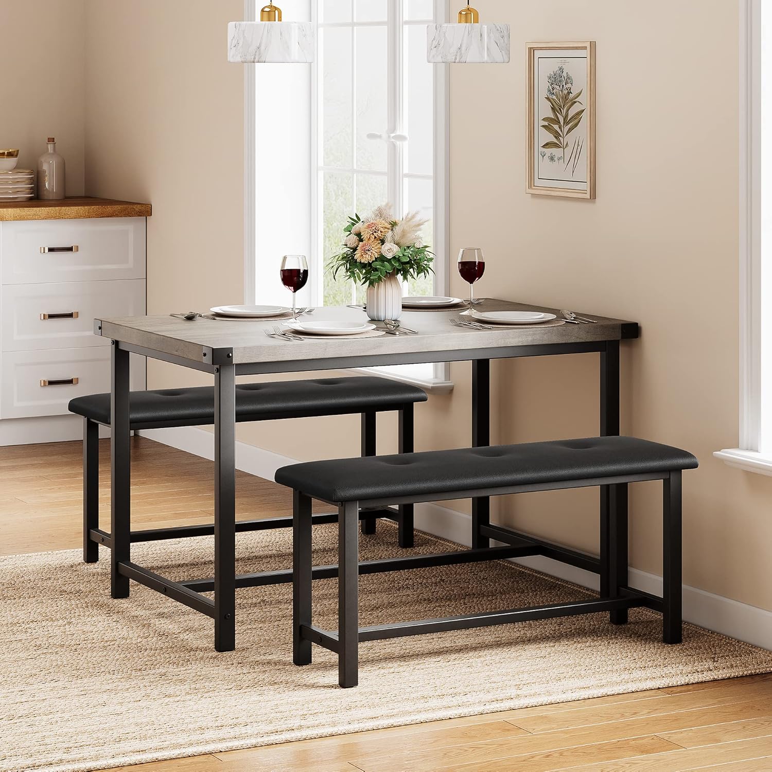 GAOMON 4 Pcs Farmhouse Dining Table Set for 4 with 2 Upholstered ...