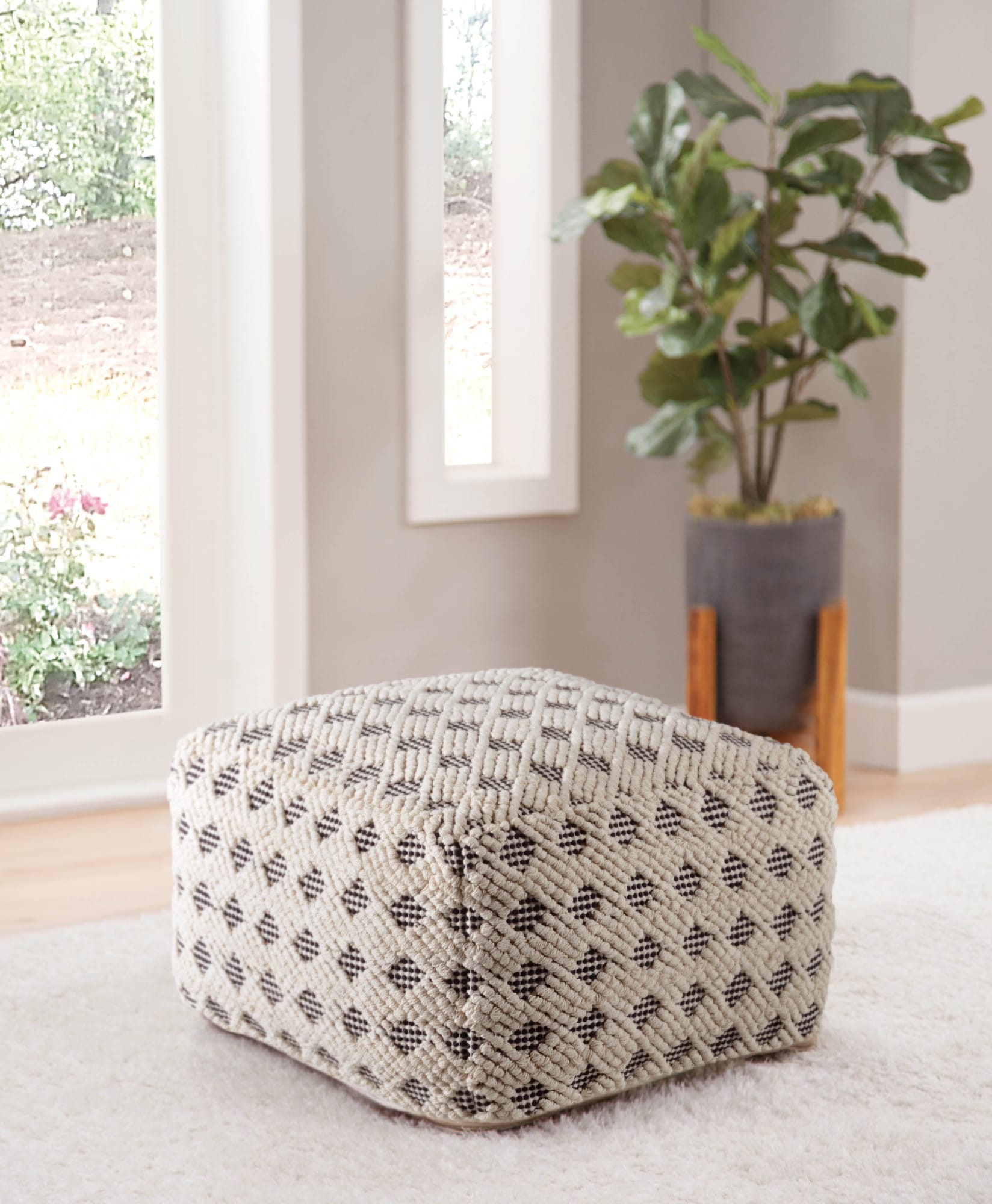 Transitional Black and Cream Handwoven Square Pouf
