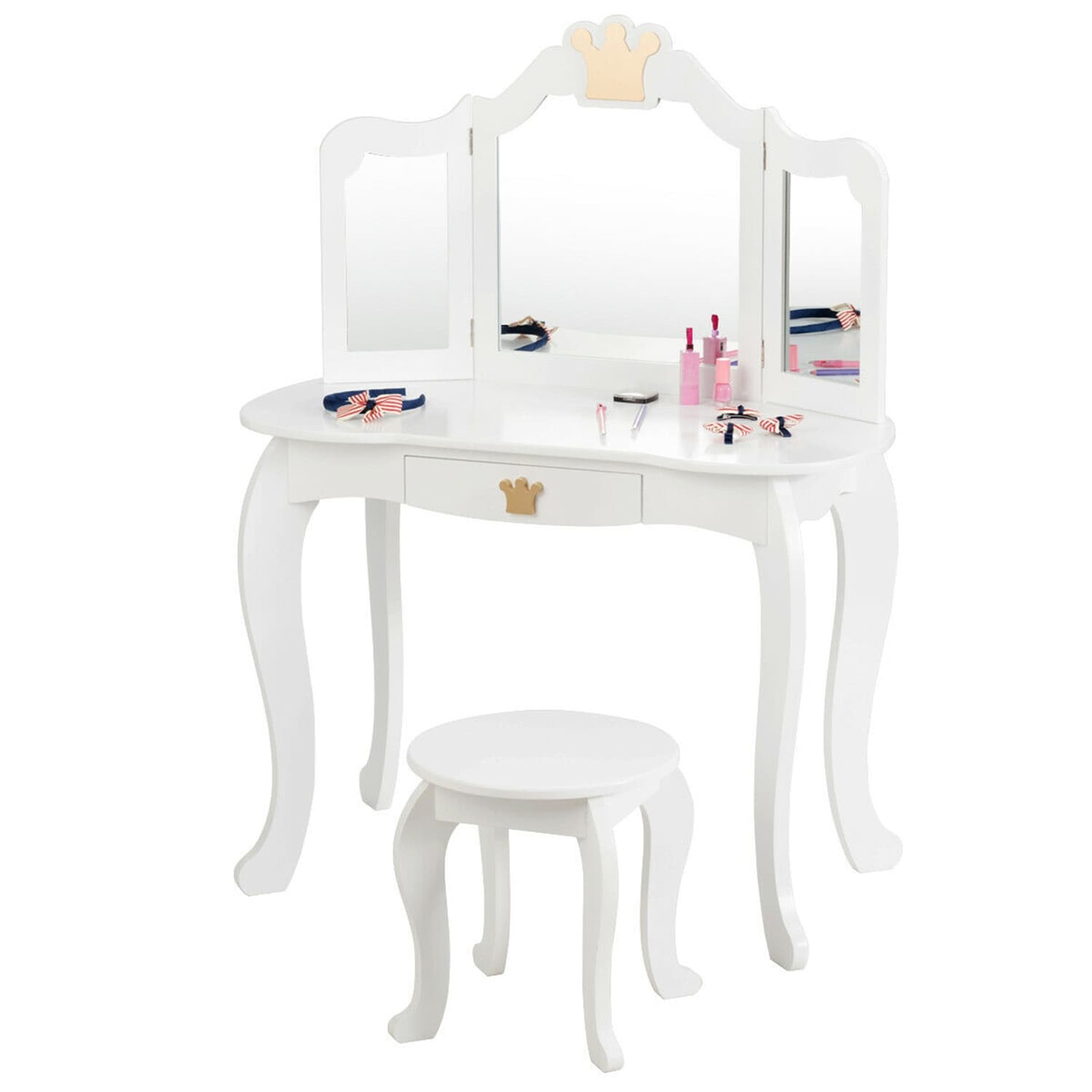 Costway CSHY000062 Kids Makeup Dressing Table Chair Set Princess Vanity and Tri-folding Mirror White