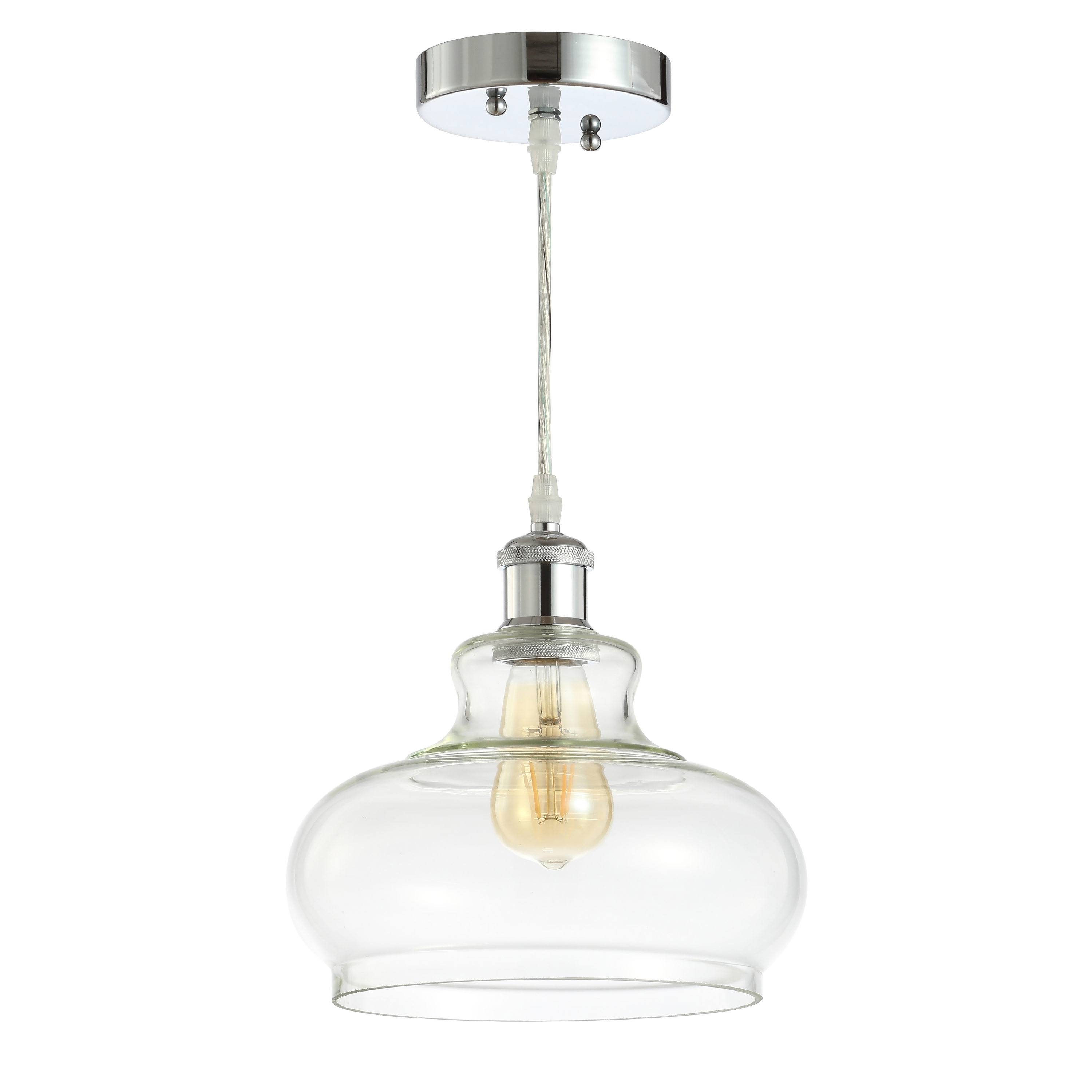 Adjustable Chrome Iron and Glass Bell Shade Pendant Light
