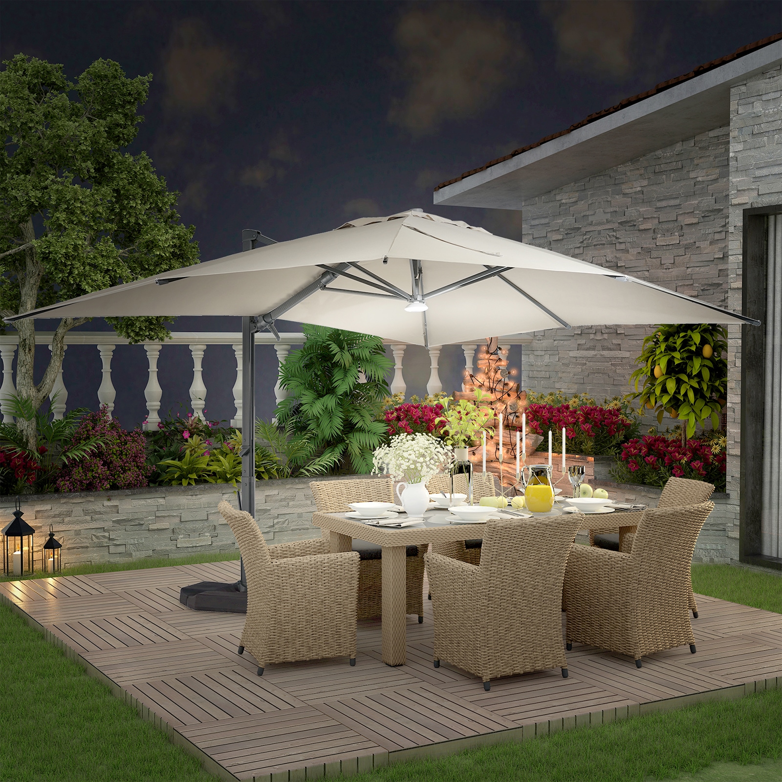 Mondawe 13-ft Aluminum Off-white Cantilever Patio Umbrella With Lights ...