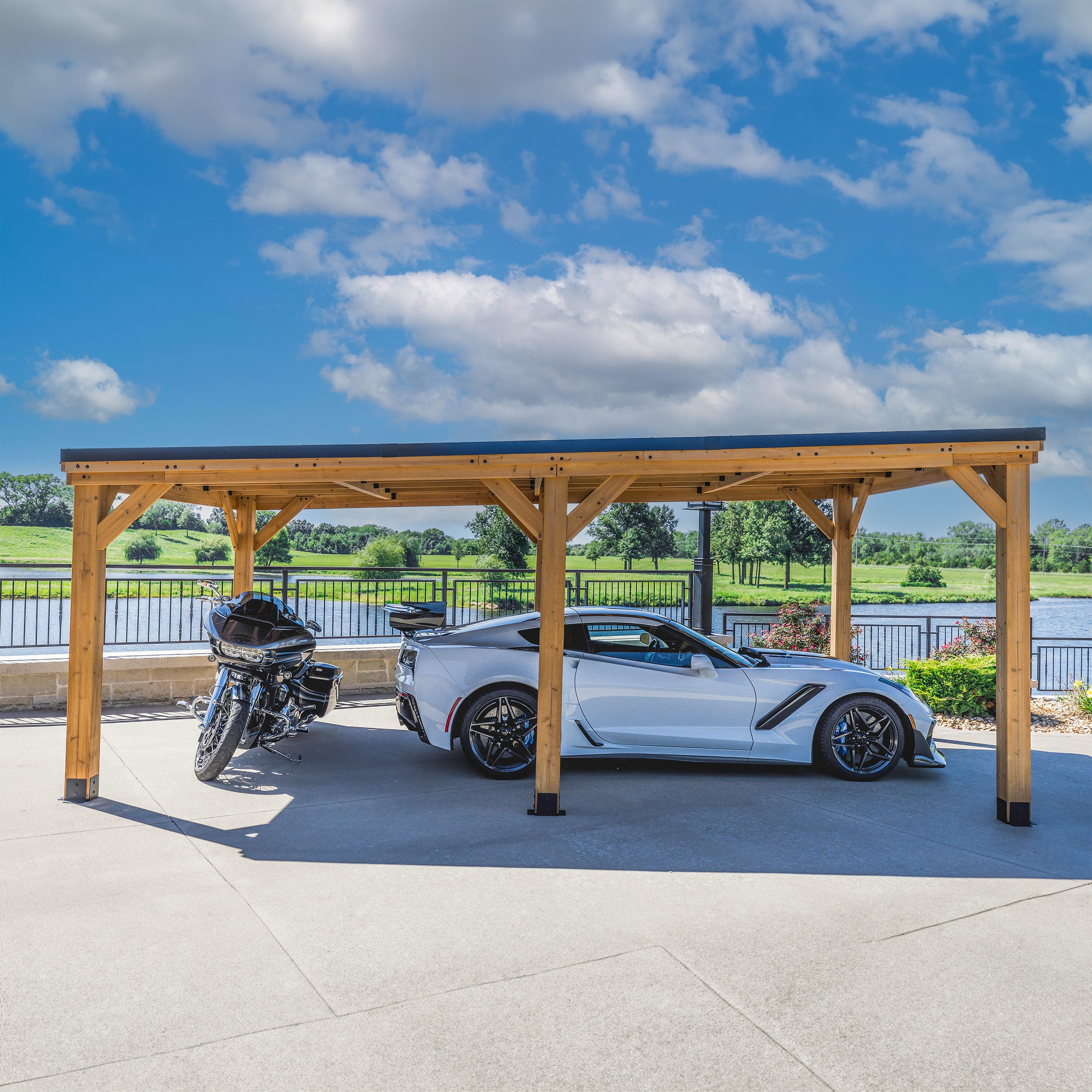 Kingsport 12' x 20' Black Cedar Carport with Steel Roof