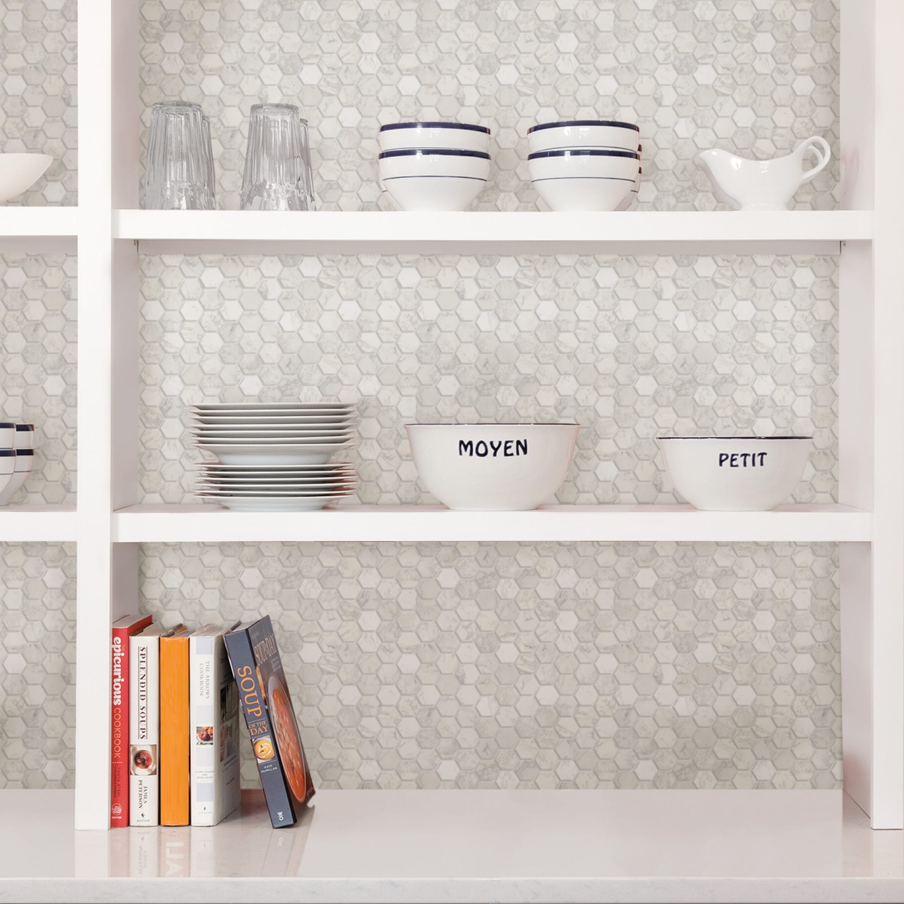 Hexagon White Marble Peel and Stick Mosaic Tile
