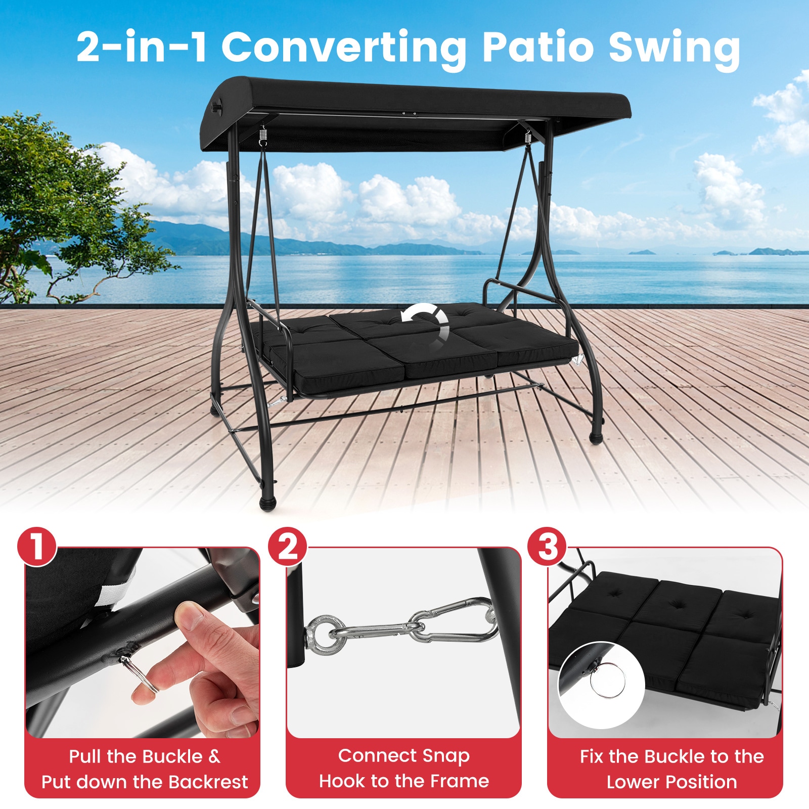 Costway 3-person Black Iron Outdoor Glider in the Porch Swings ...