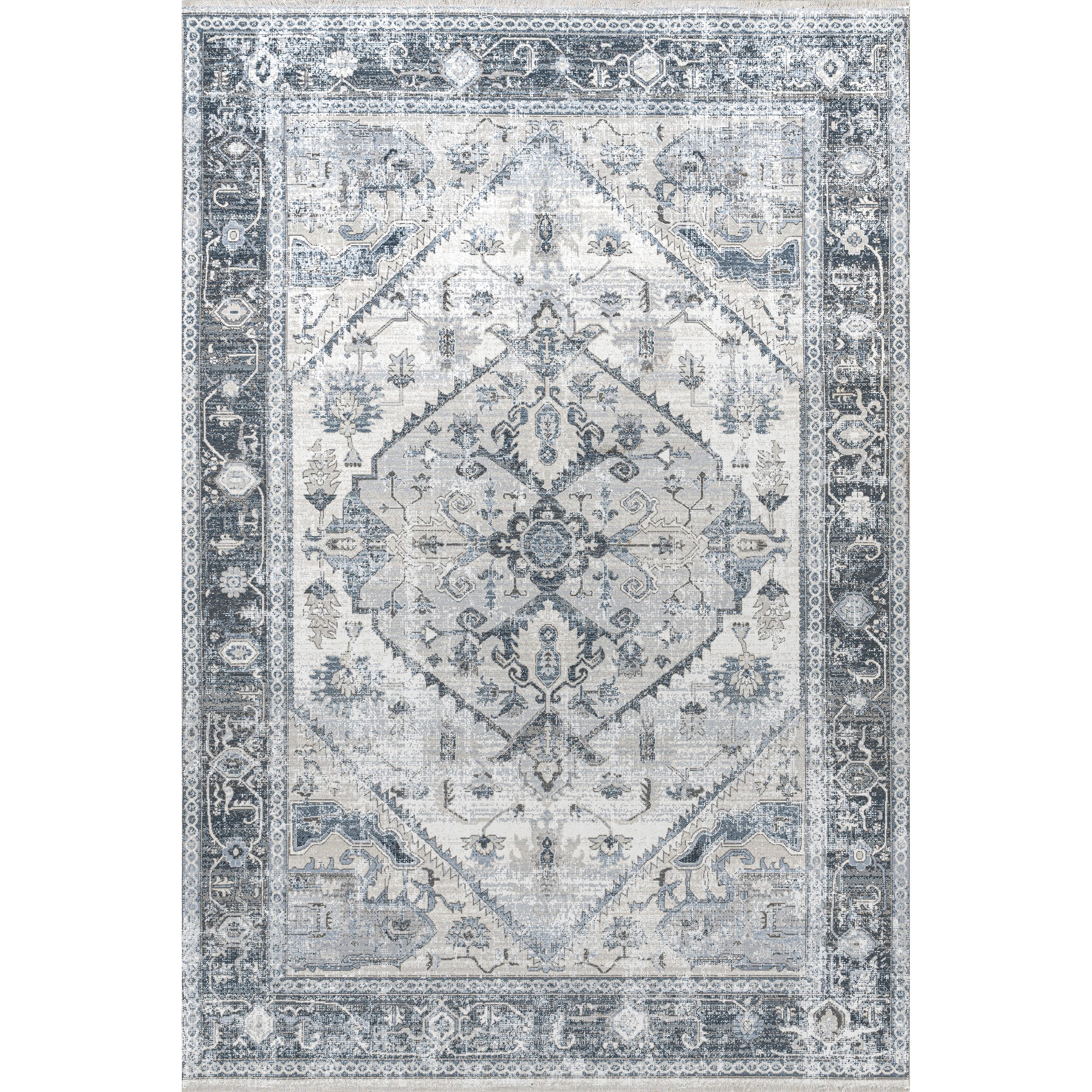 Light Gray Synthetic Washable Rectangular Area Rug with Fringed Ends