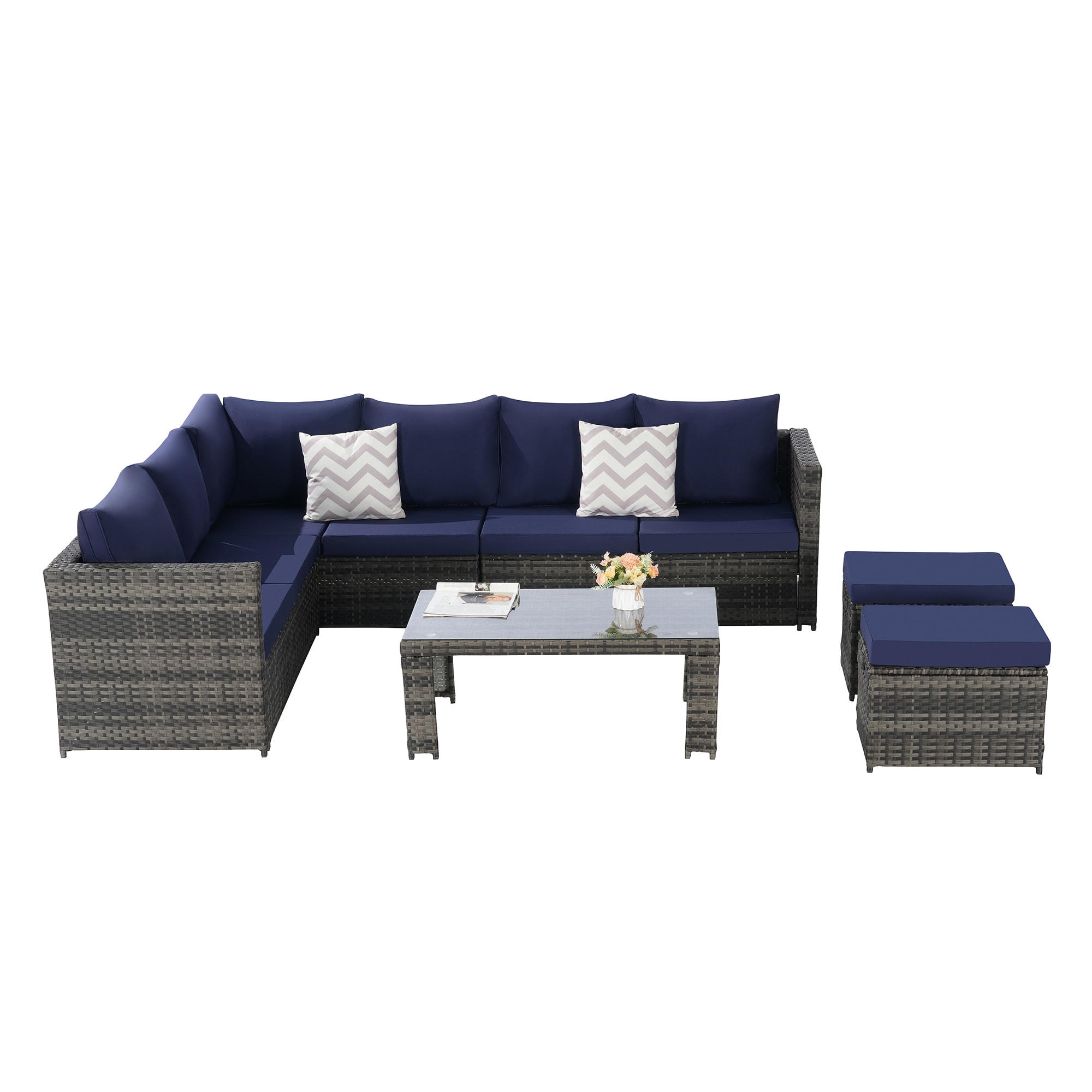 SINOFURN SYB670021BL Wicker Outdoor Sectional with Blue Cushions and Wicker Frame