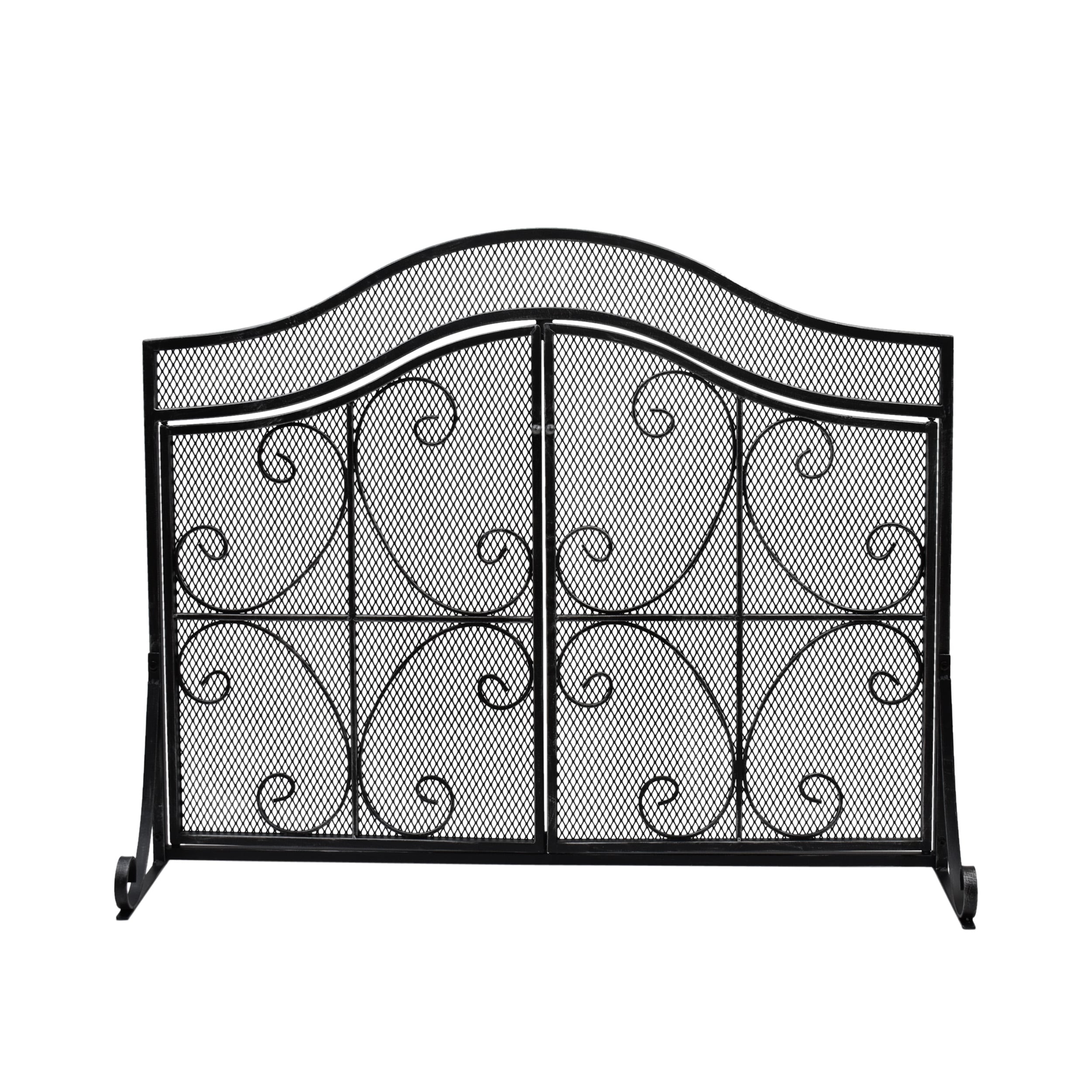 Pendleton Modern Three Panel Iron Firescreen with Door, Black Silver Finish | - Best Selling Home Decor 309131