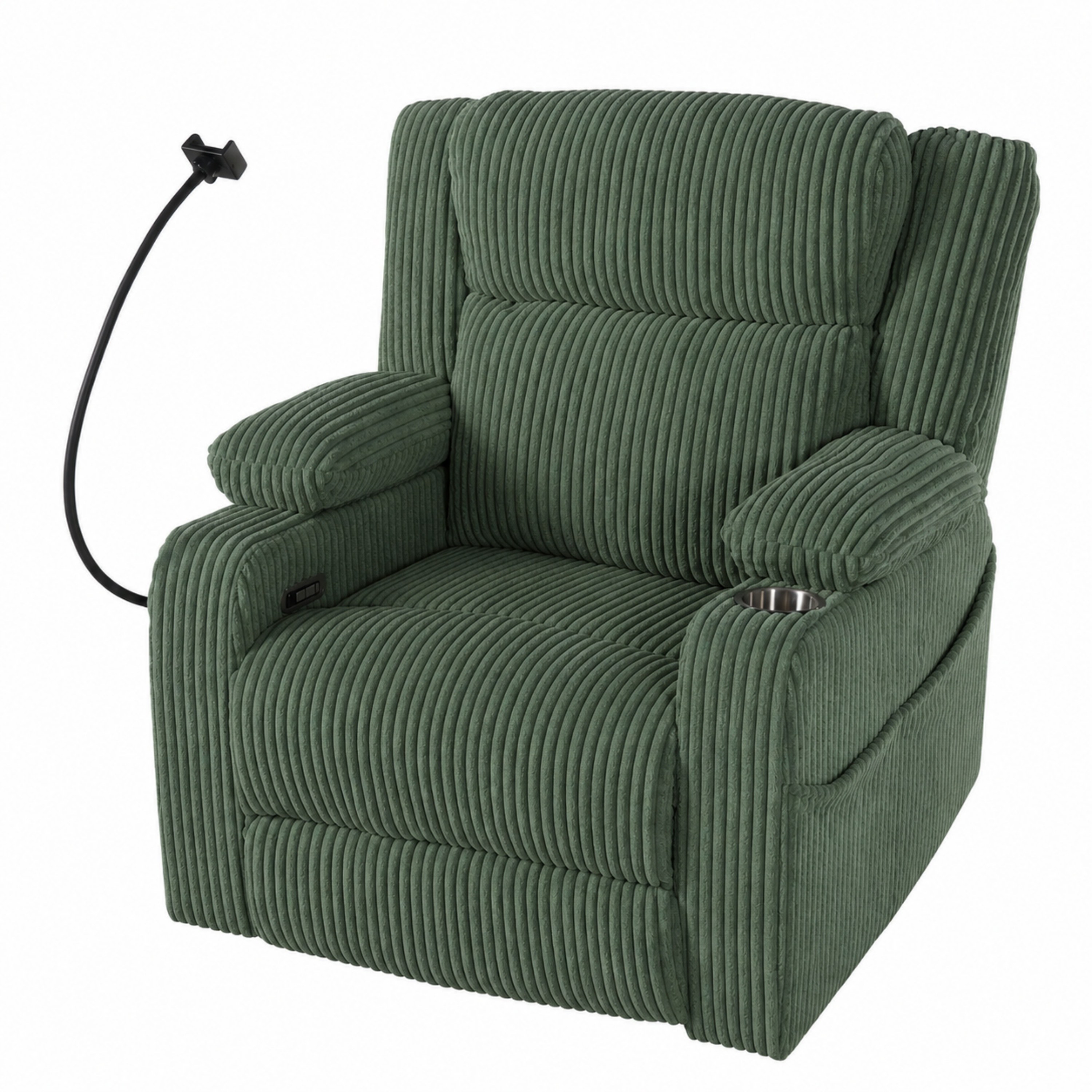 Horizons Prime - 37 inch Green Corduroy Electric Power Recliner Chair with Heat and Massage with ...