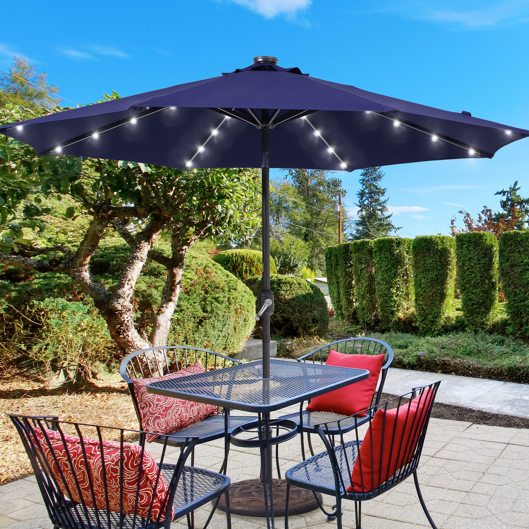 Sonkuki 9-ft Steel Blue Push-button Tilt Market Patio Umbrella with Lights
