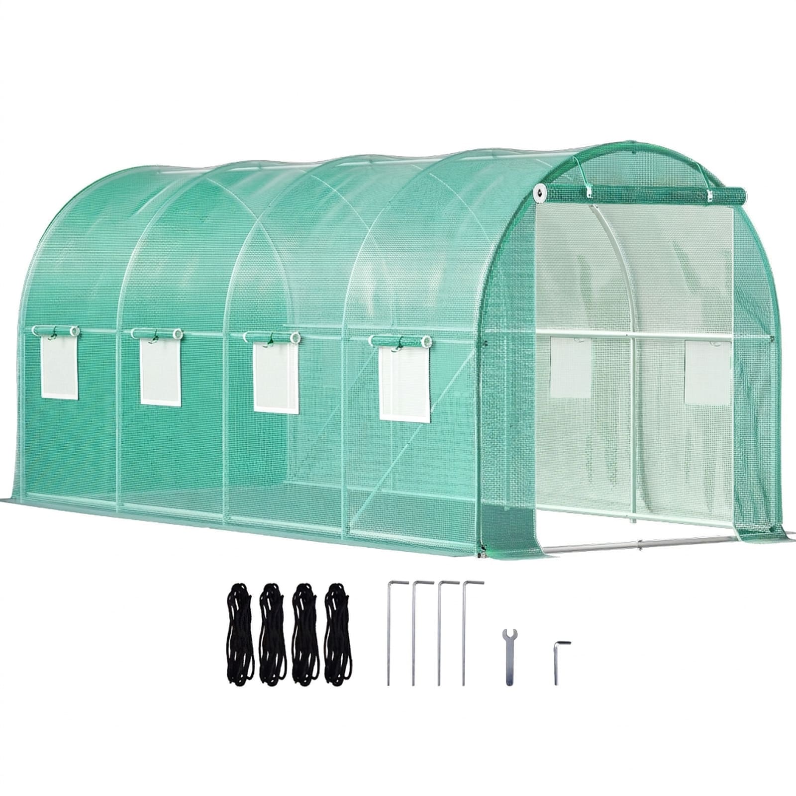 GIVIMO Walk-in Tunnel Greenhouse 15-ft x 7-ft x 7-ft Green Hoop House with Galvanized Steel Frame Waterproof PE Cover Zip Door and 8 Roll-up Mesh Windows