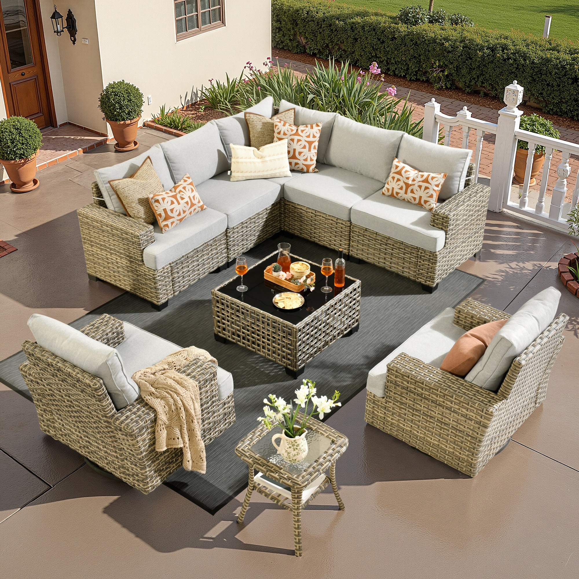 ALTRIGUS 6L-YZTBS6092-AL 9 -Piece Wicker Patio Sofa Conversation Set with Beige Cushions