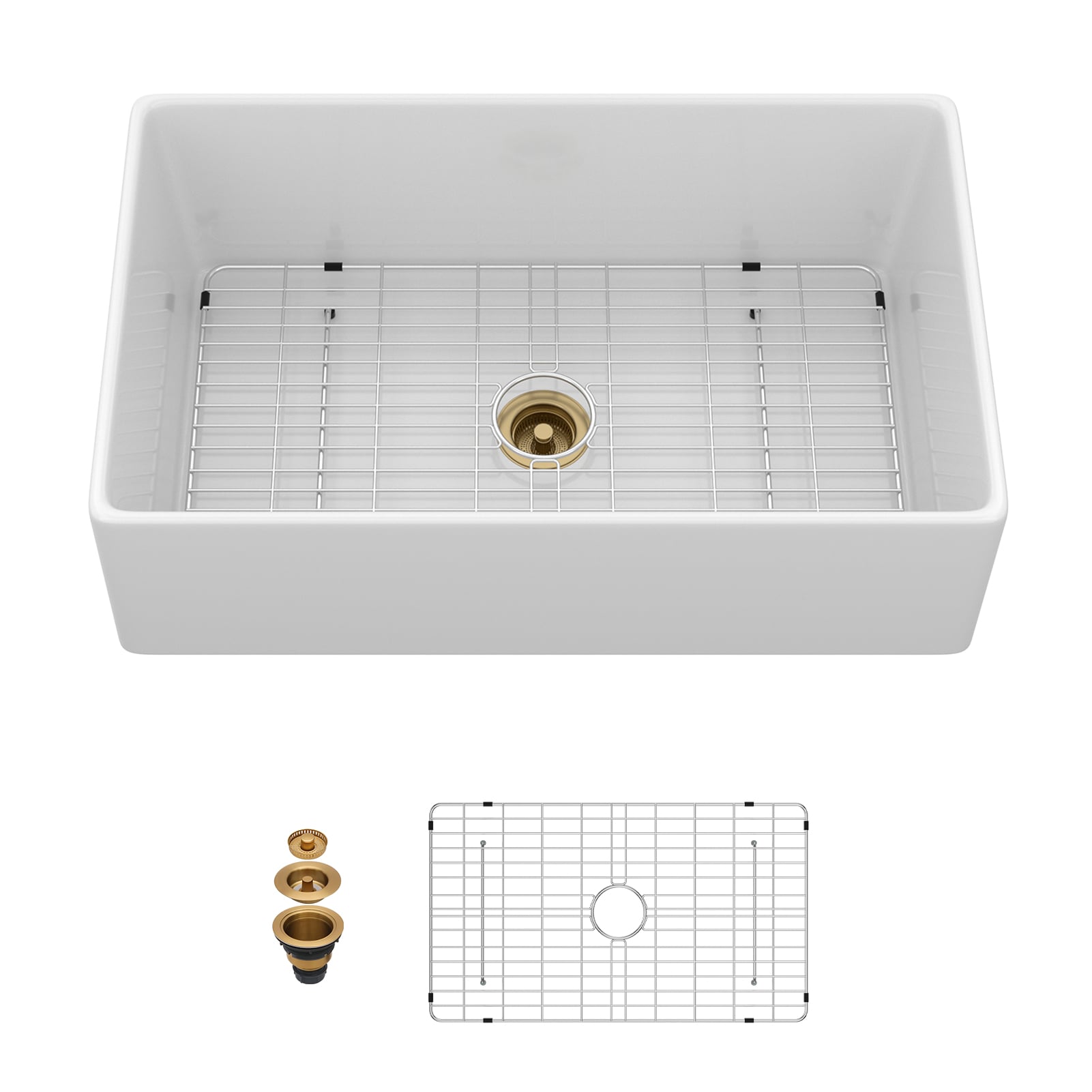 LOVMOR 33-in x 20-in Apron Front Ceramic Single Bowl White Kitchen Sink with Drain and Bottom Grid #SF-W-W1243P425207