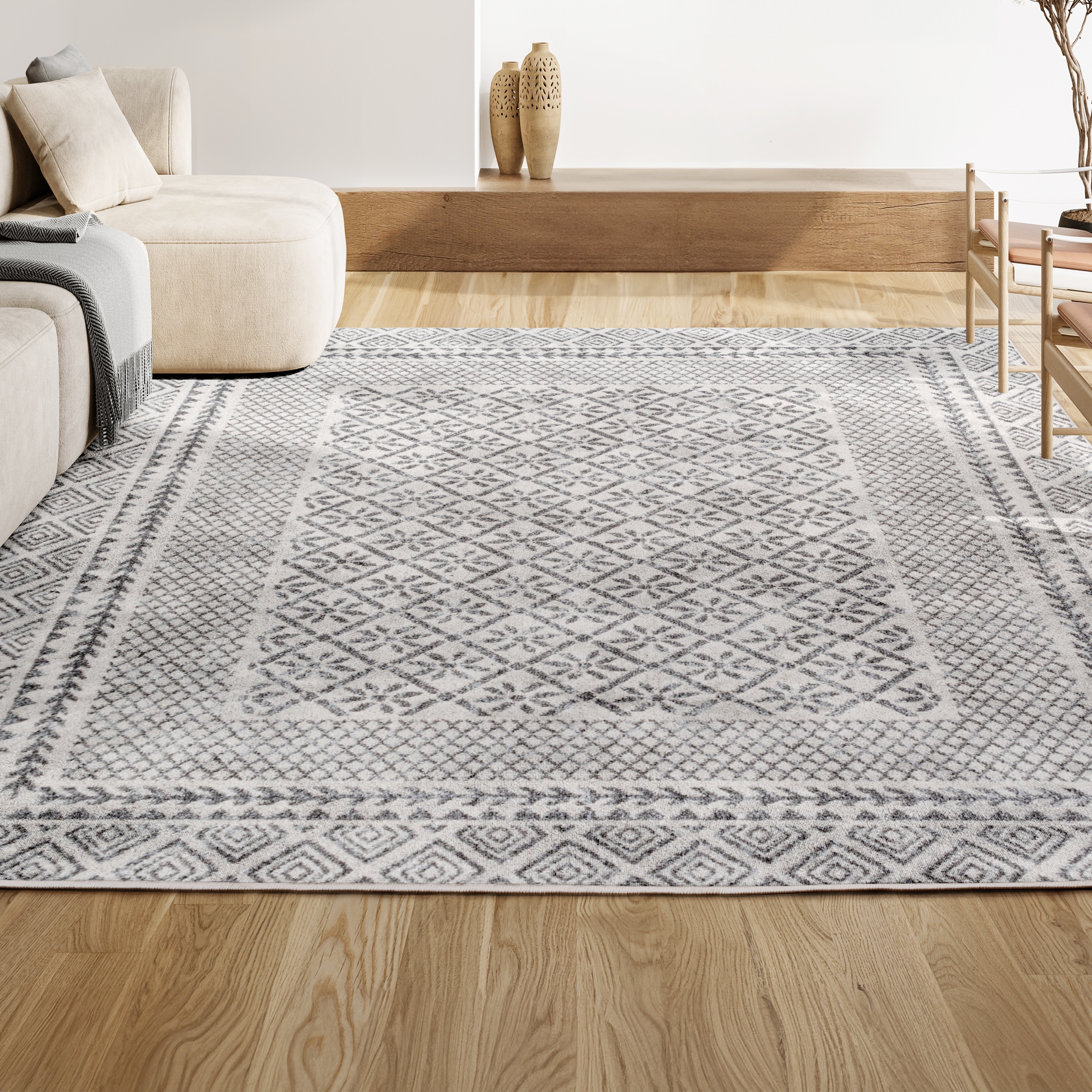 Athens Geometric Boho 5x8 Gray Synthetic Area Rug