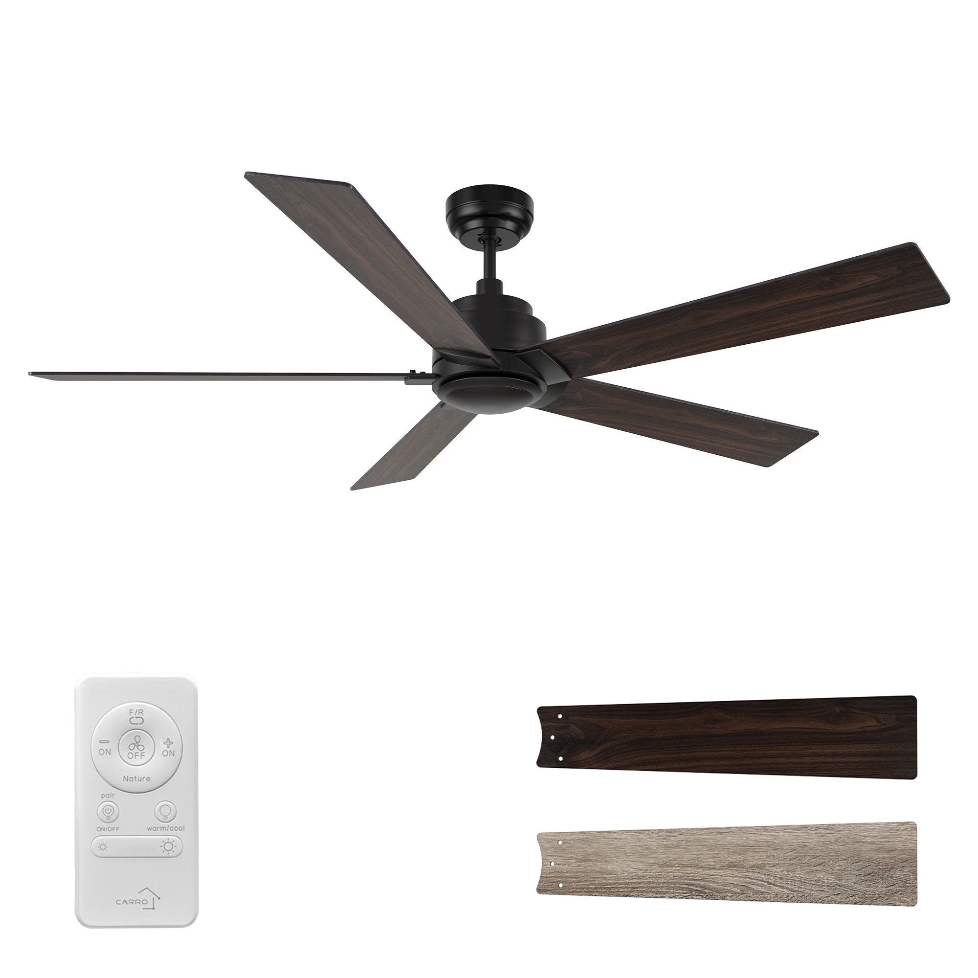 CARRO USA LCFR605J1-N10-BG-1 Welland 60-in Integrated LED Black with Wooden/Walnut Blades Ceiling Fan Without Light - Remote Included ( 5 -Blade )