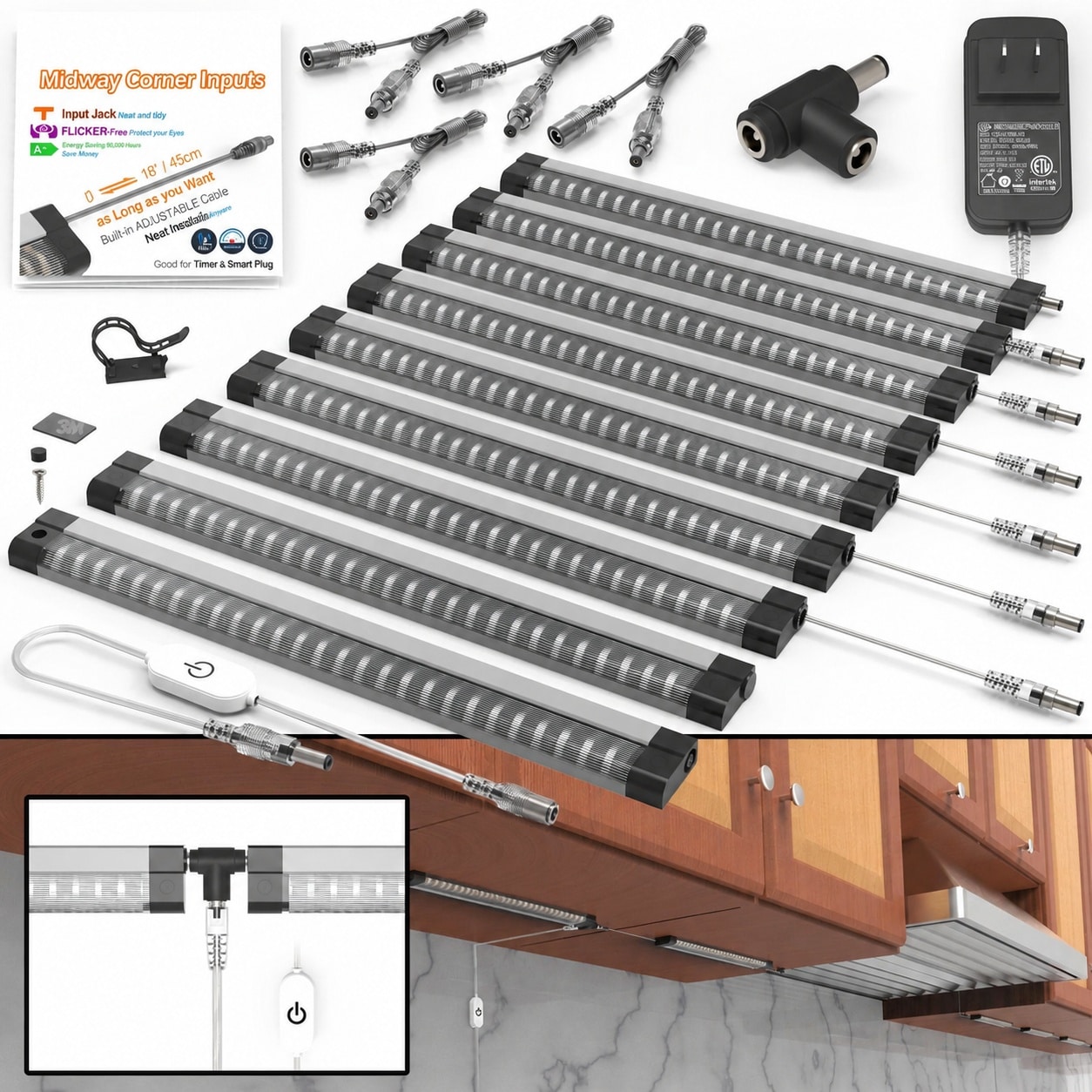 UUDULY  Under Cabinet Lights Plug In 9 pcs 12 Inch Dimmable LED Light Bar Adjustable Cable T Connector 3000K 4050 Lumens for Kitchen Home Office