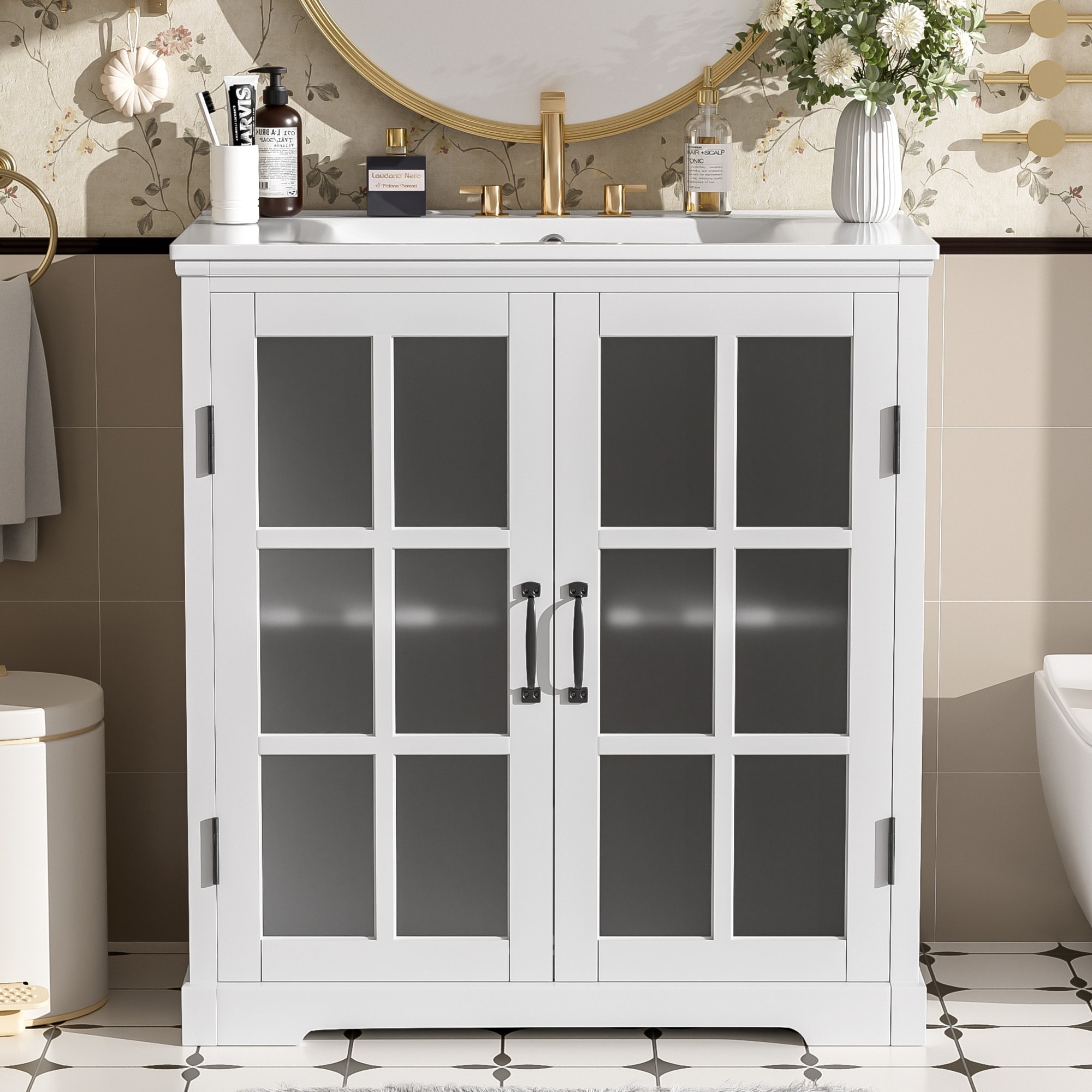 WELLFOR EX-6028B NE Modern Bathroom Vanity with Ceramic Sink 30-in White Single Sink Bathroom Vanity with White Ceramic Top