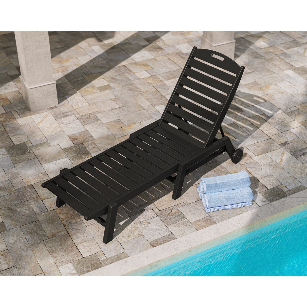 POLYWOOD NAW2280BL Nautical Stackable Black HDPE Frame Stationary Chaise Lounge Chair with Slat Seat