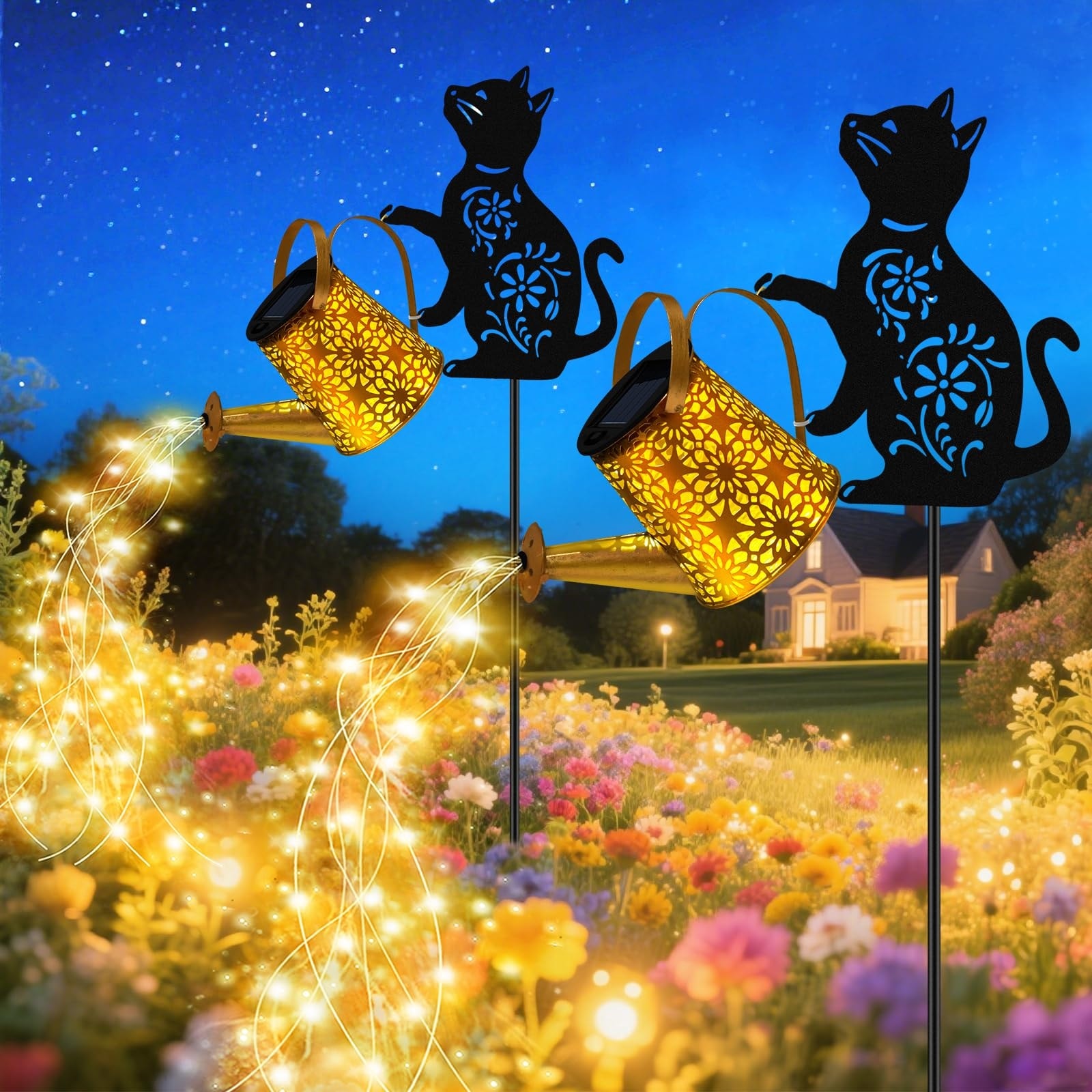 Lukvuzo  Solar Lights Outdoor 2 pack Cat Watering Can Lantern with Shepherd Hook Waterproof Metal Garden Decor for Patio Yard Pathway Gifts for