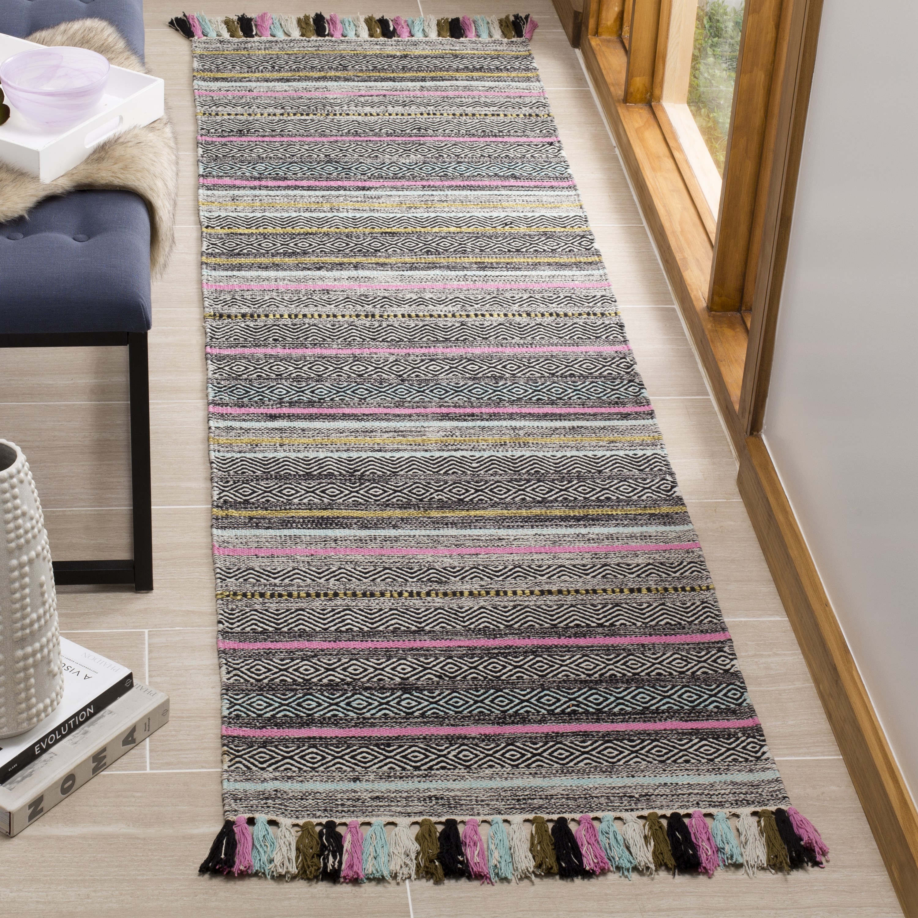 Coastal Breeze Black Stripe Handwoven Cotton Runner Rug