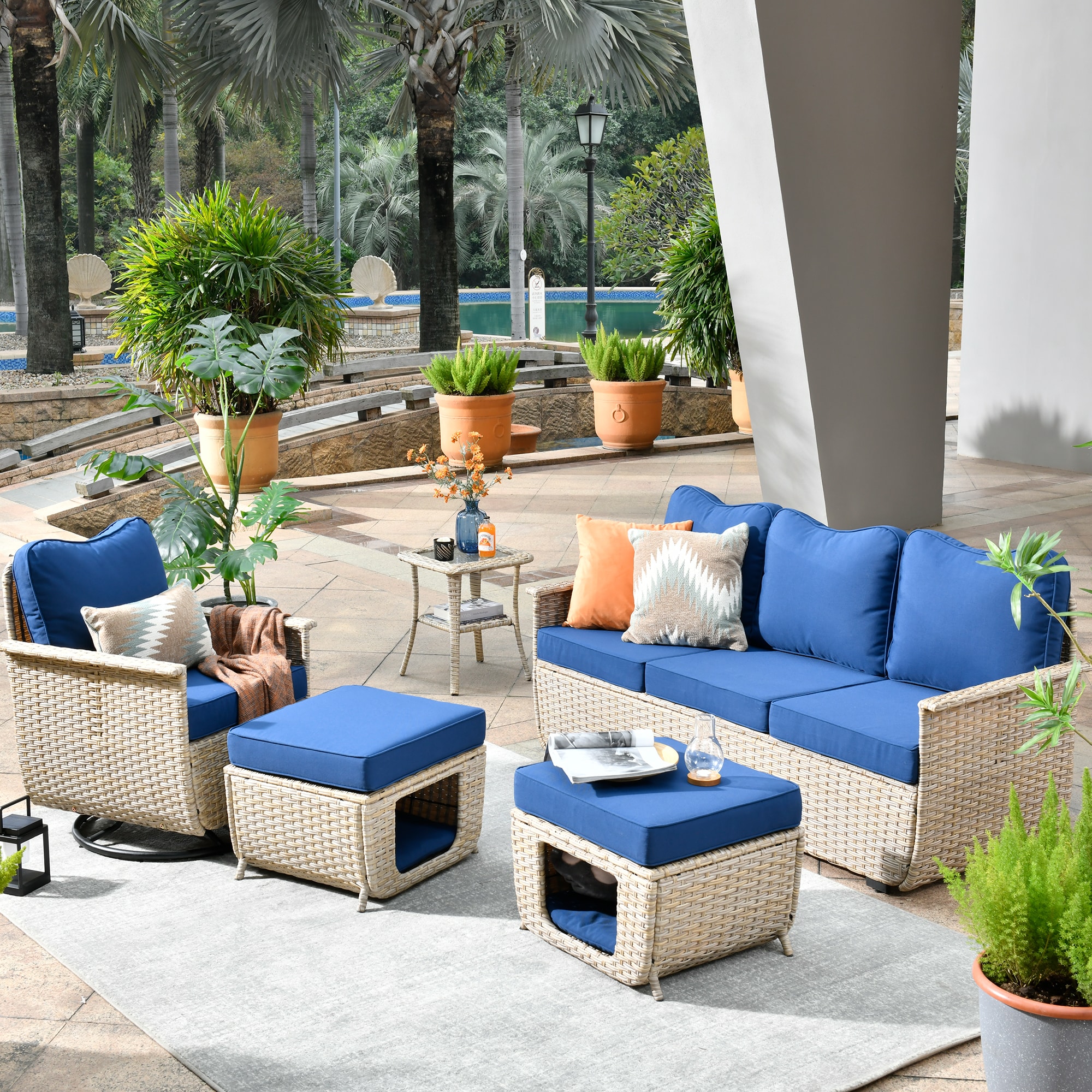 XIZZI XIMW702-5RC Artemis 5 -Piece Wicker Patio Sofa Conversation Set with Blue Cushions