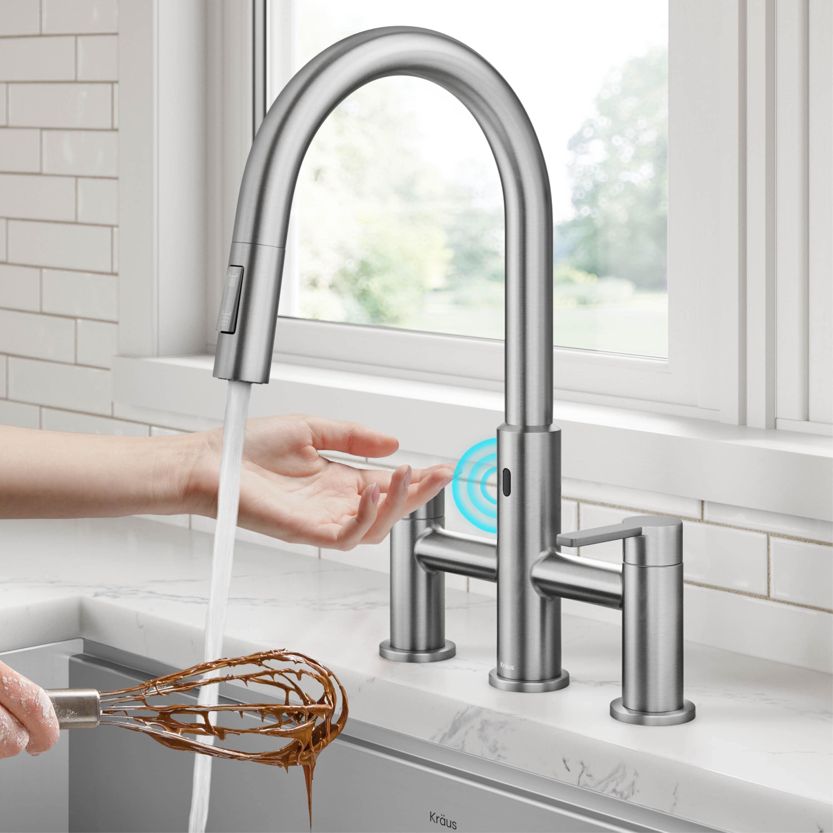 Kraus KSF-3122SFS Oletto Spot Free Stainless Steel Double Handle Deck-mount Touchless Bridge Kitchen Faucet with Sprayer