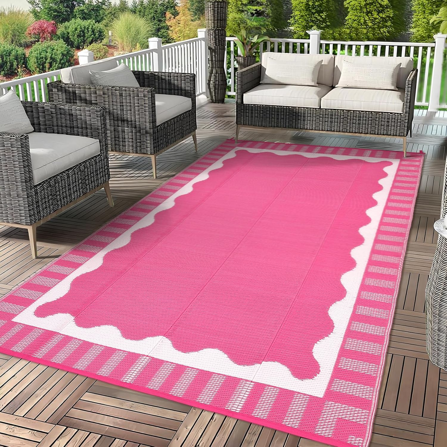 Aoile 9x18 Scalloped Modern Outdoor Rug Waterproof UV Resistant Foldable for Patio and RV Hot Pink