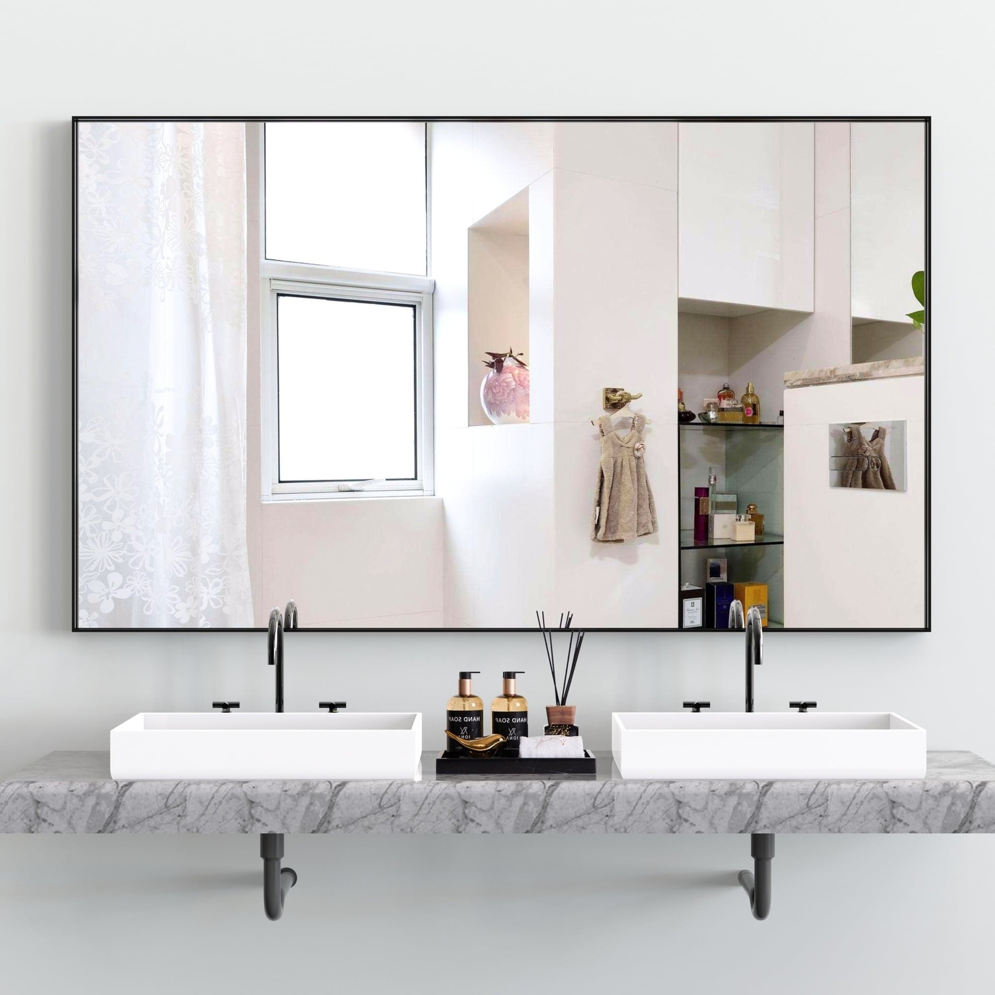IAK 60 inch x 40 inch Black Aluminum Frame Oversized Modern Rectangle Bathroom Mirror with Removable Tray Mounting Design