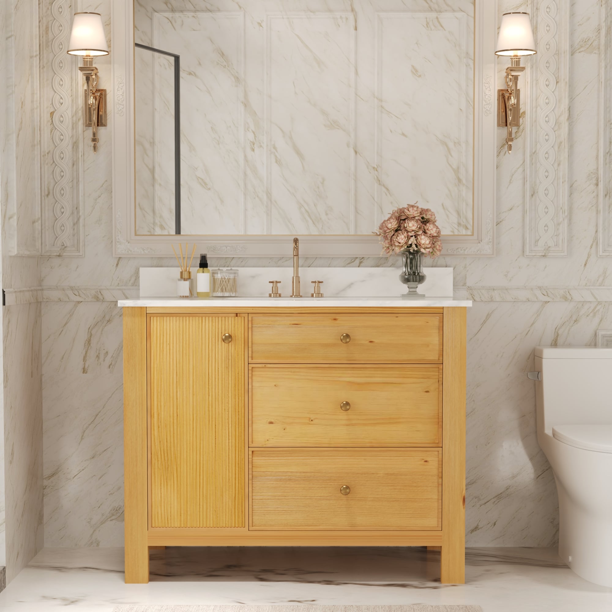 DeerValley 41.97-in Natural Wood Undermount Single Sink Bathroom Vanity with White Engineered Stone Top (Fully Assembled)