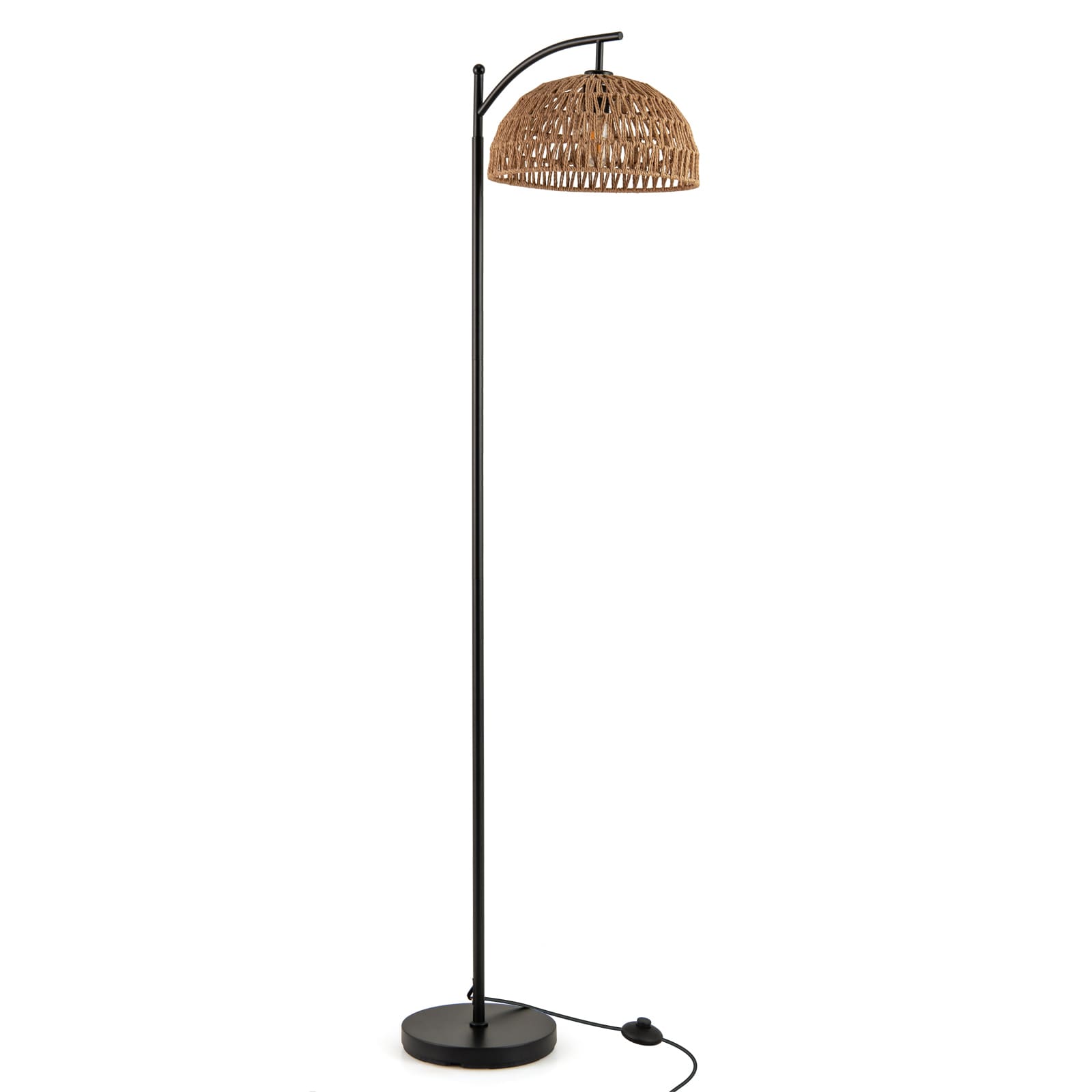 Slickblue Modern Black Arc Pole Floor Lamp with Paper Rope Shade and Foot Switch for Living Room Bedroom or Office