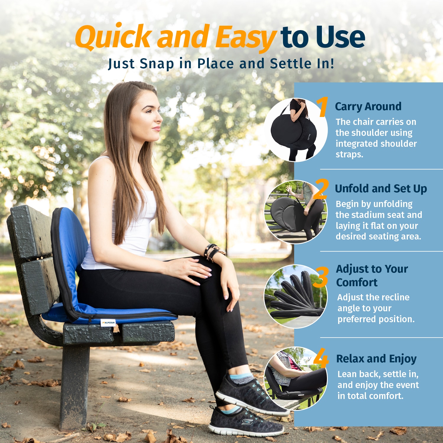 Royal Blue Waterproof Reclining Stadium Seat with Mesh Pocket