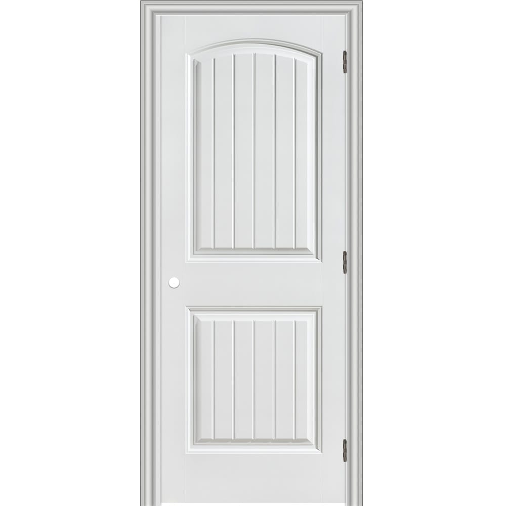 RELIABILT 244858 30-in x 80-in Primed Hollow core 2-panel round top plank Left hand Smooth Primed Molded composite Split Jamb Single Prehung Interior Door 356 Casing
