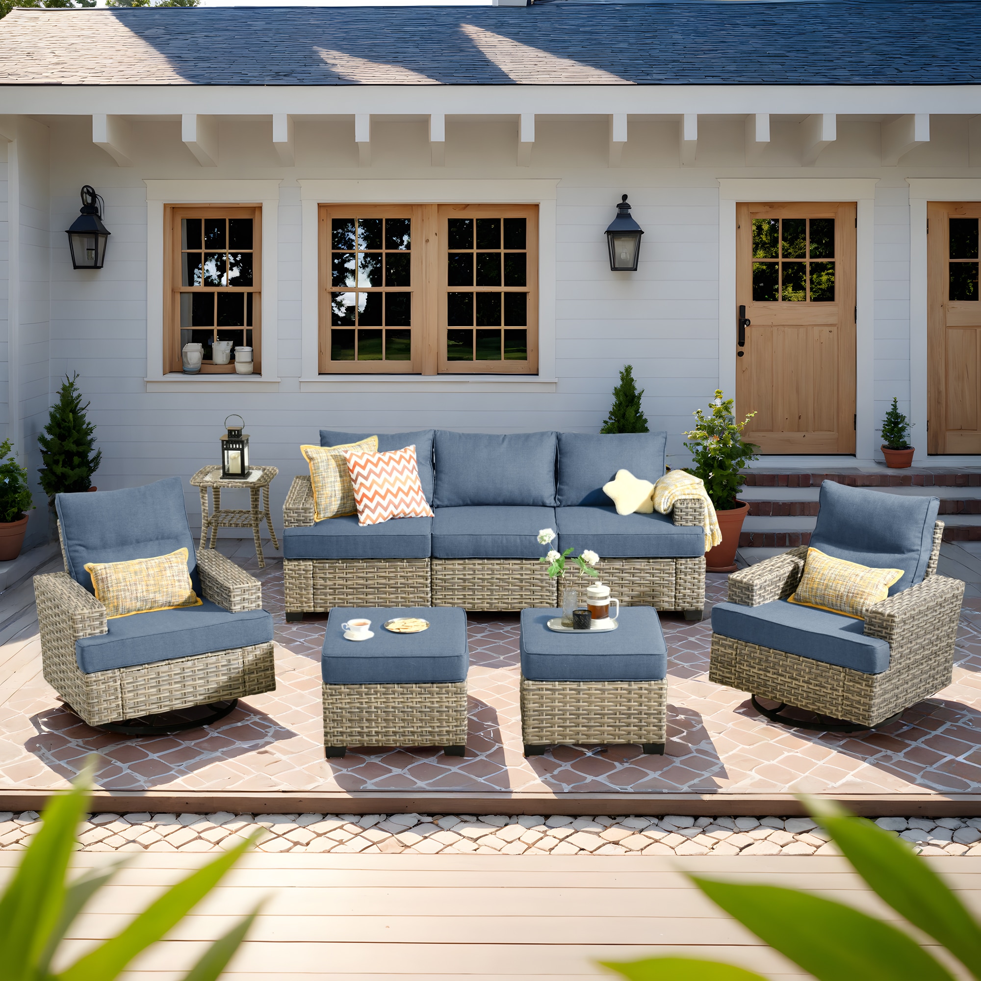 Pouuin STYZBS506 6 -Piece Wicker Patio Sofa Conversation Set with Light Blue Cushions
