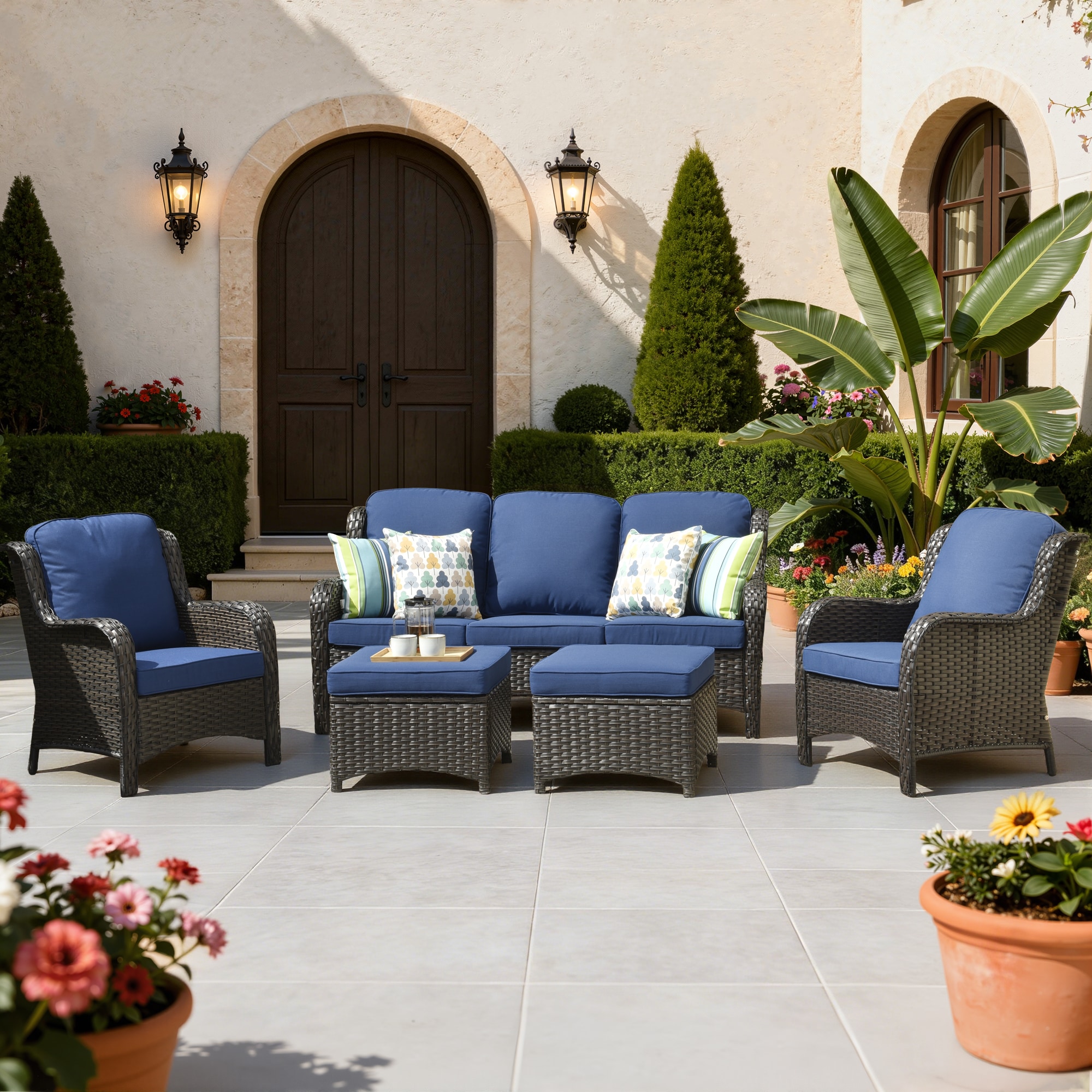 Toject - 5-Pieces Patio Furniture Set Outdoor Wicker Sofa Couch with Chairs Ottomans Comfy Cushio...